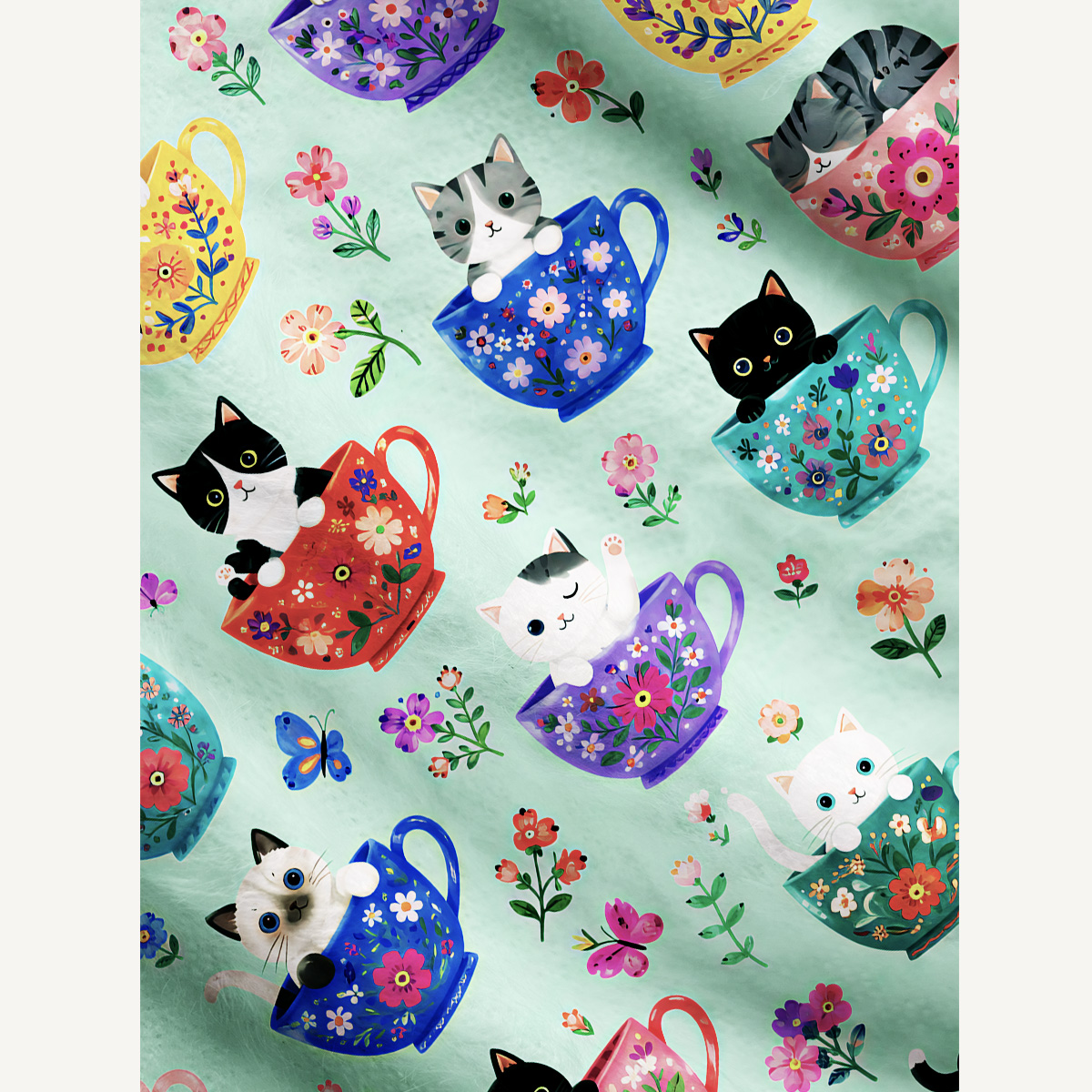 Cute Teacup Kitten Print Ugly Cardigan Sweaters
