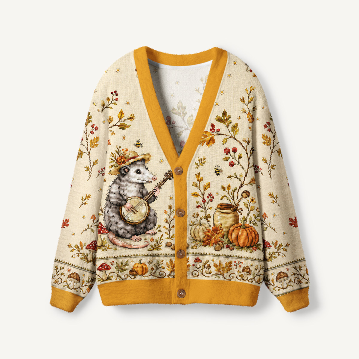 Autumn Possum Banjo Print Ugly Cardigan Sweaters