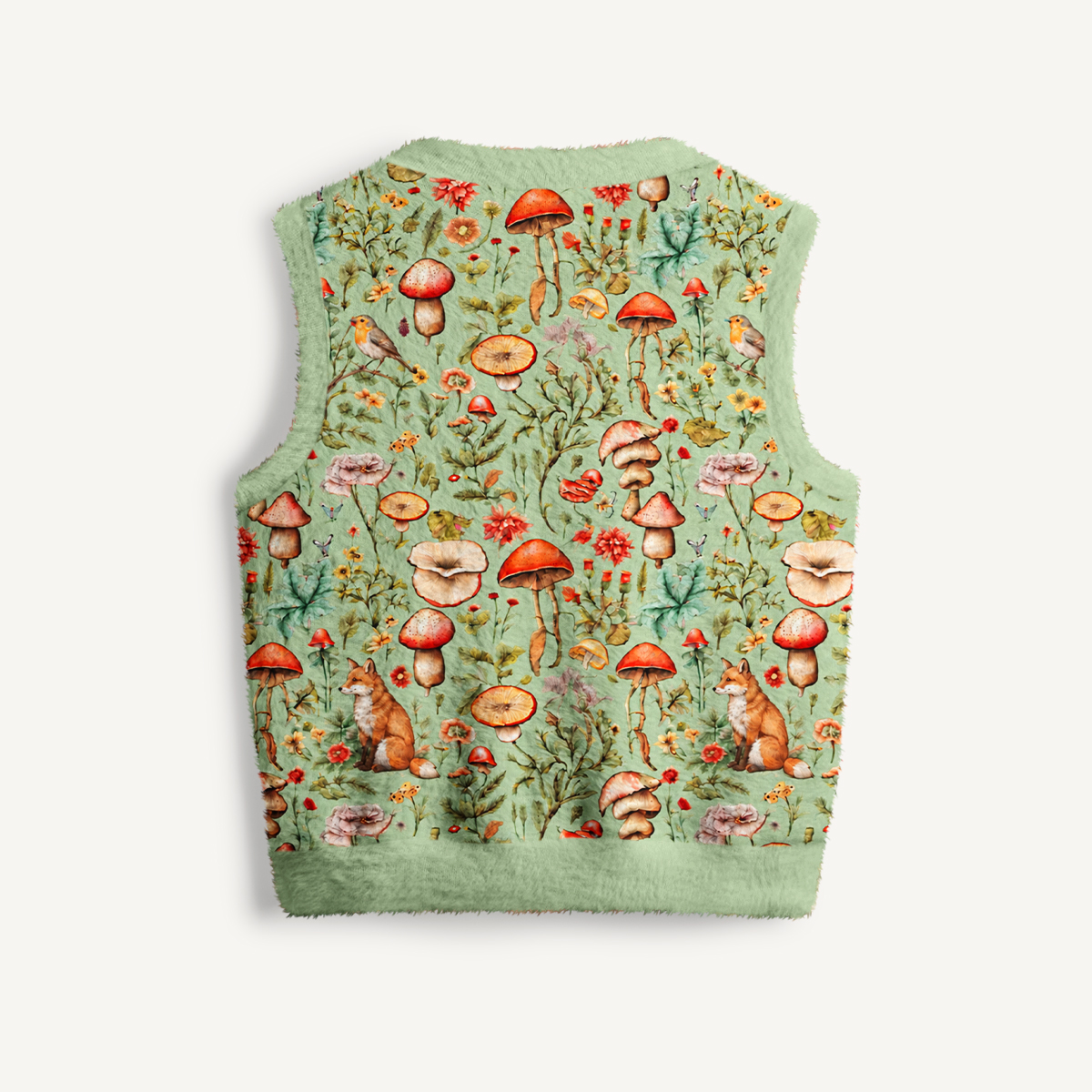 Enchanted Mushroom Forest Fox Print V-Neck Sweater Vest