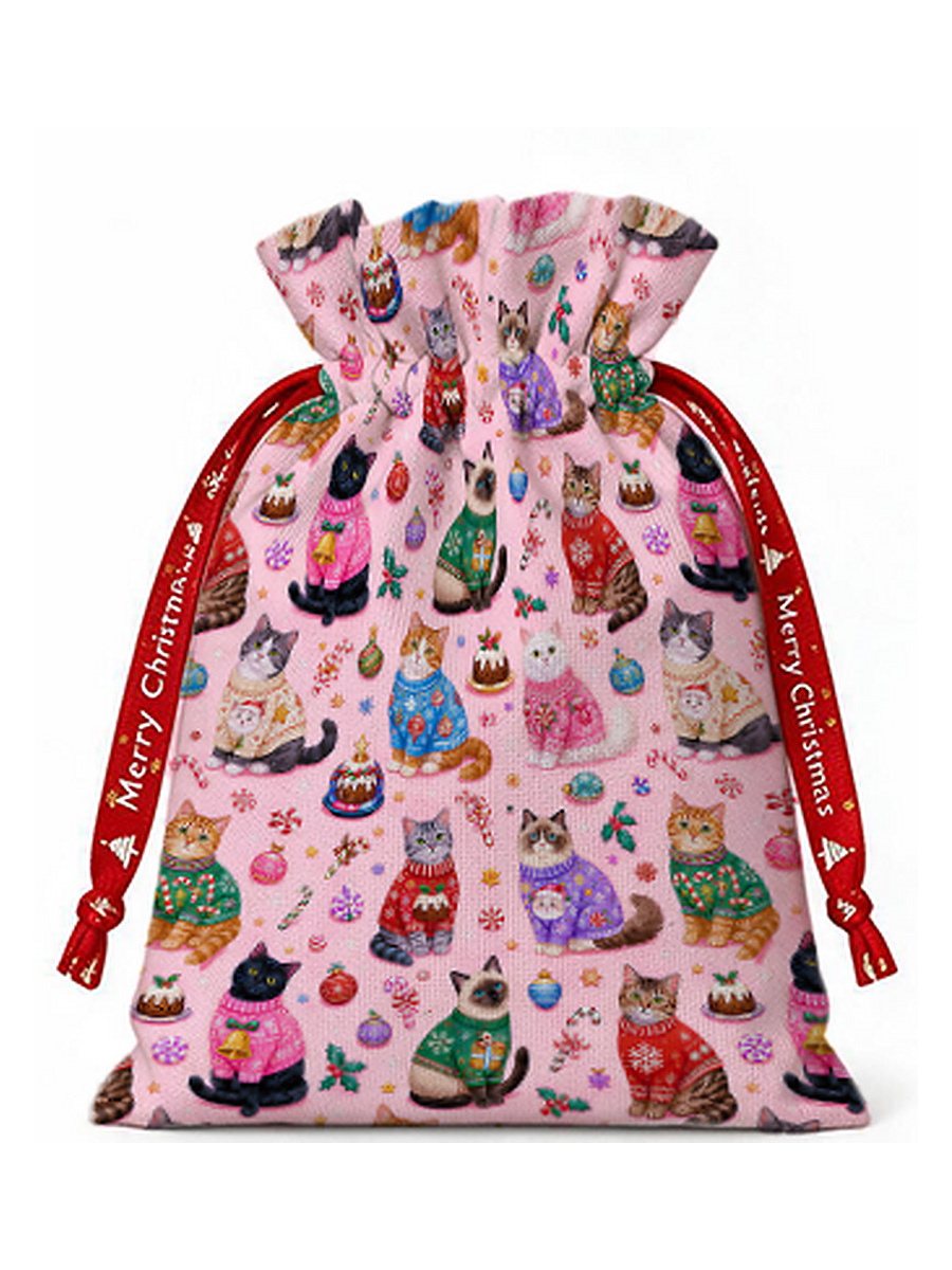 Christmas Sweater Cats Holiday Reusable Christmas Drawstring Gift Bag