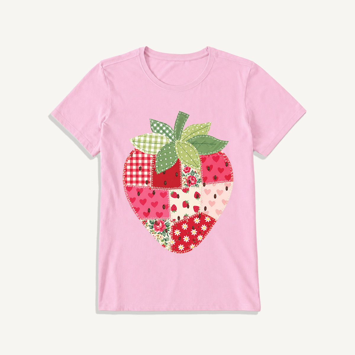 Folk Patchwork Strawberry Print Crew Neck Cotton Tee