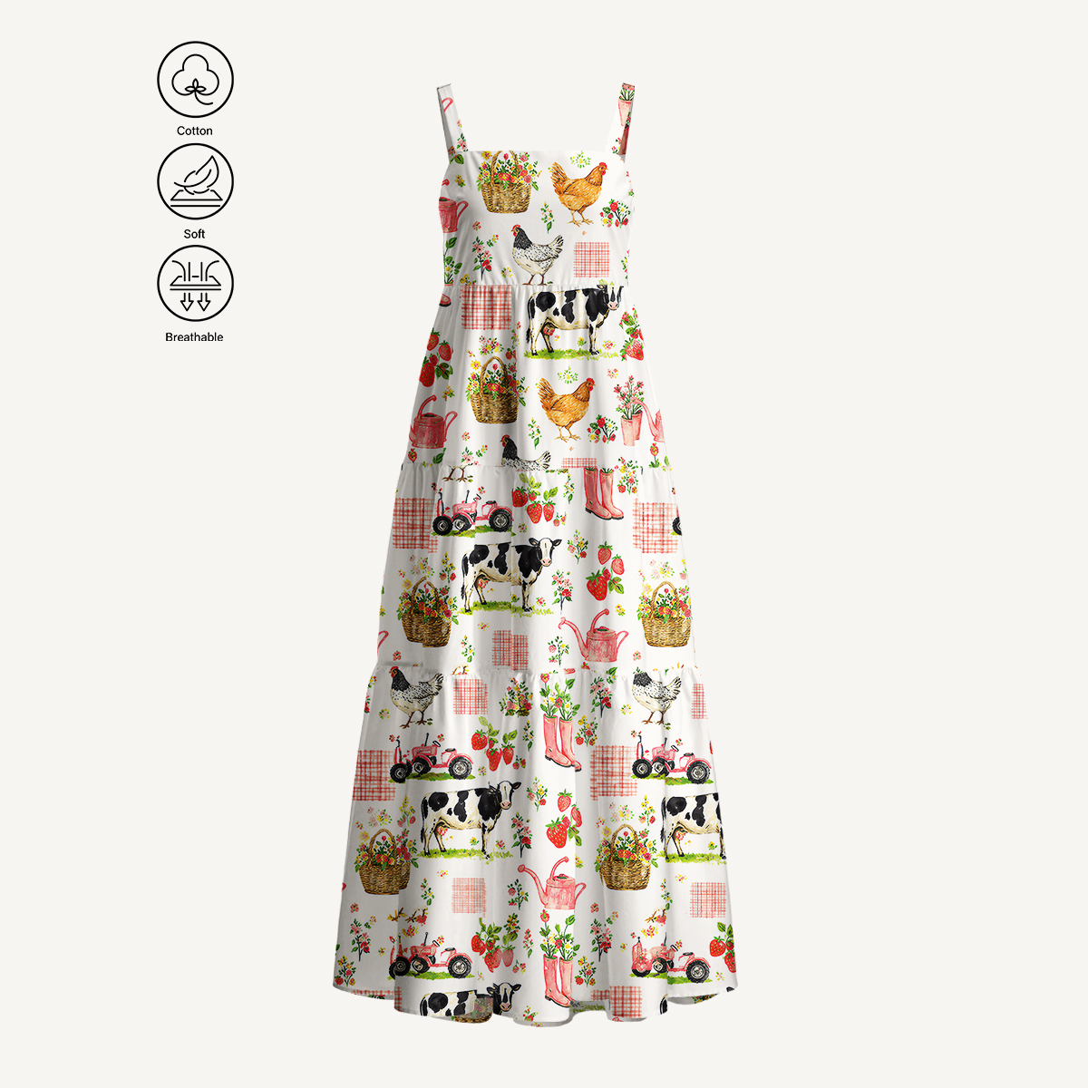 Watercolor Pink Farm Chicken Cow Print Cotton Wide Straps Maxi Dress With Pockets