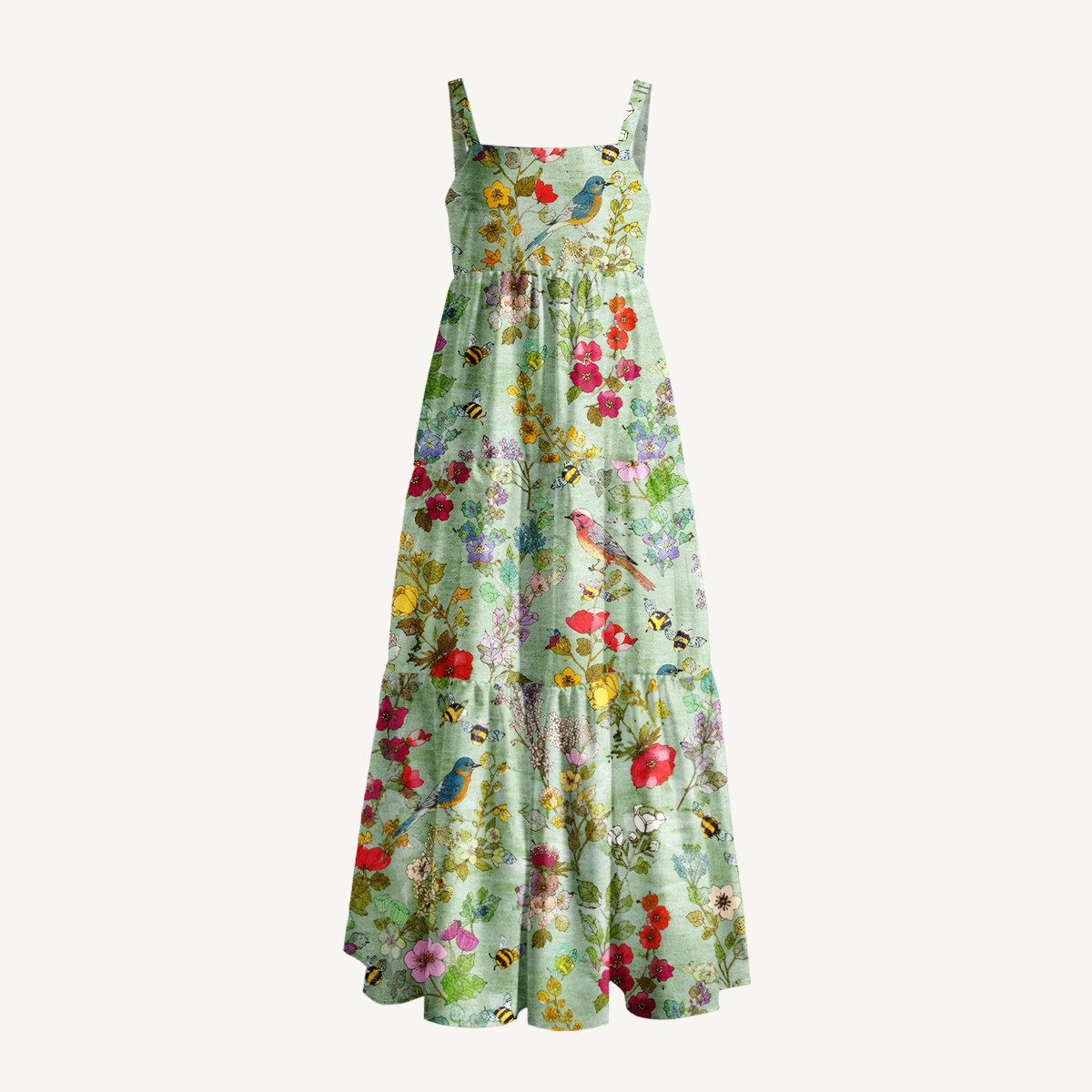 Hummingbirds and Bees Duck Egg Print Wide Straps Maxi Dress With Pockets