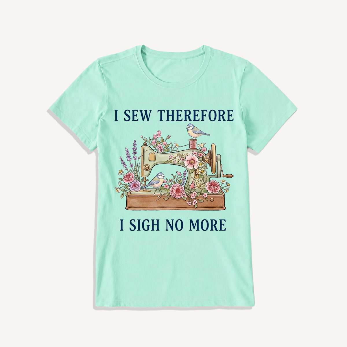 Floral Bird Sewing Serenity Print Crew Neck Cotton Tee