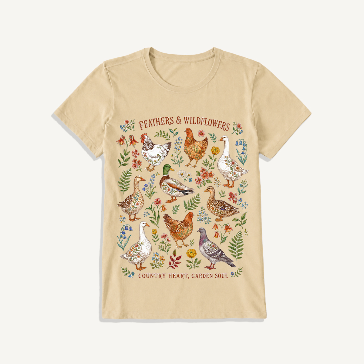 Feathers & Wildflowers Print Crew Neck Cotton Tee