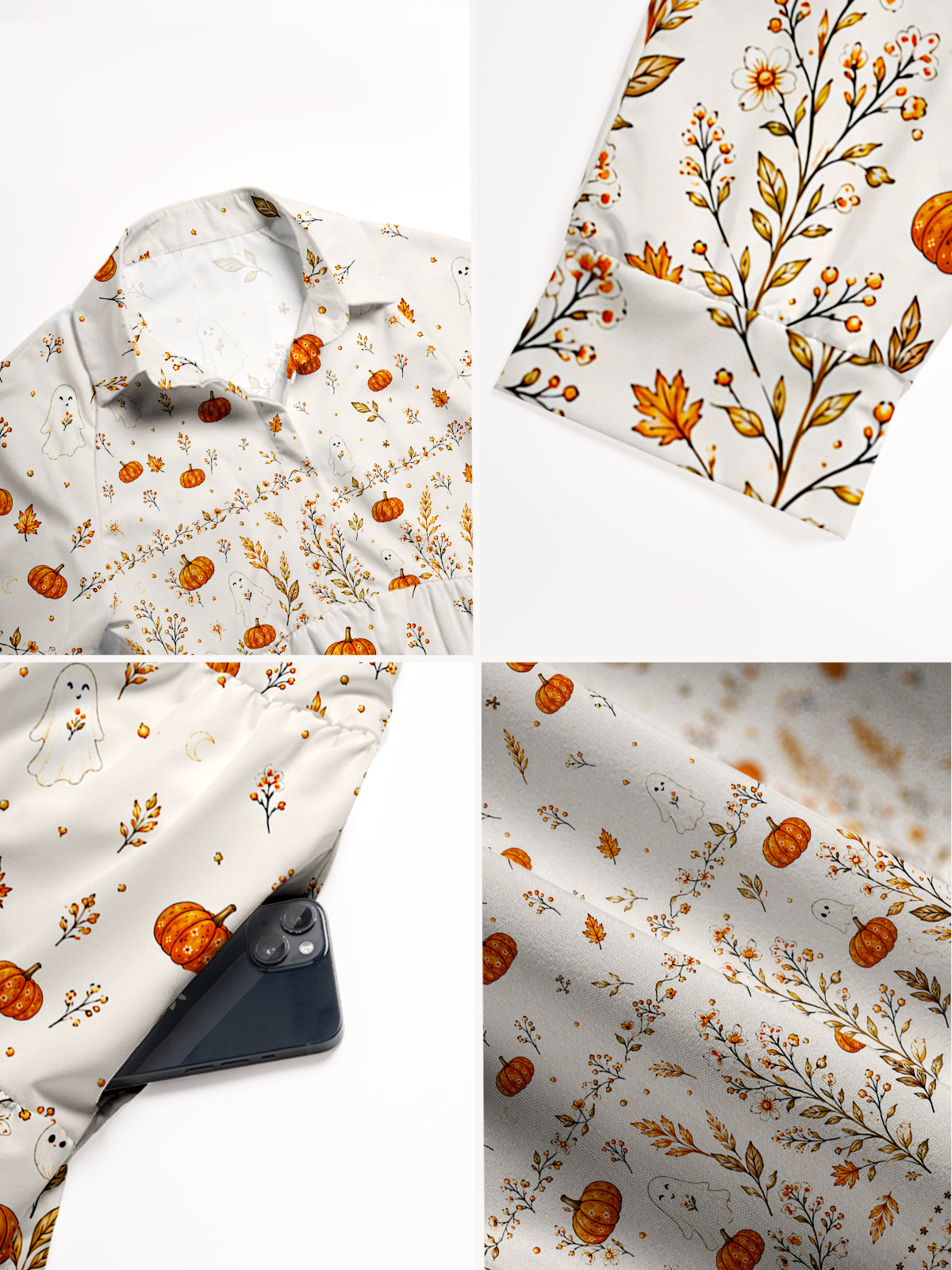 V Neck Collared Pumpkin Ghost Cottage Print Casual Midi Dress With Pockets