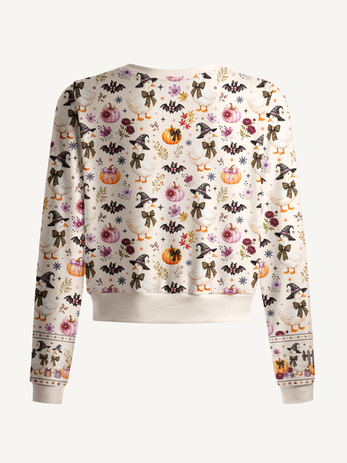 Lightweight Crew Neck Long‑Sleeve Cropped Rustic Halloween Goose Print Fine‑Knit Cardigan