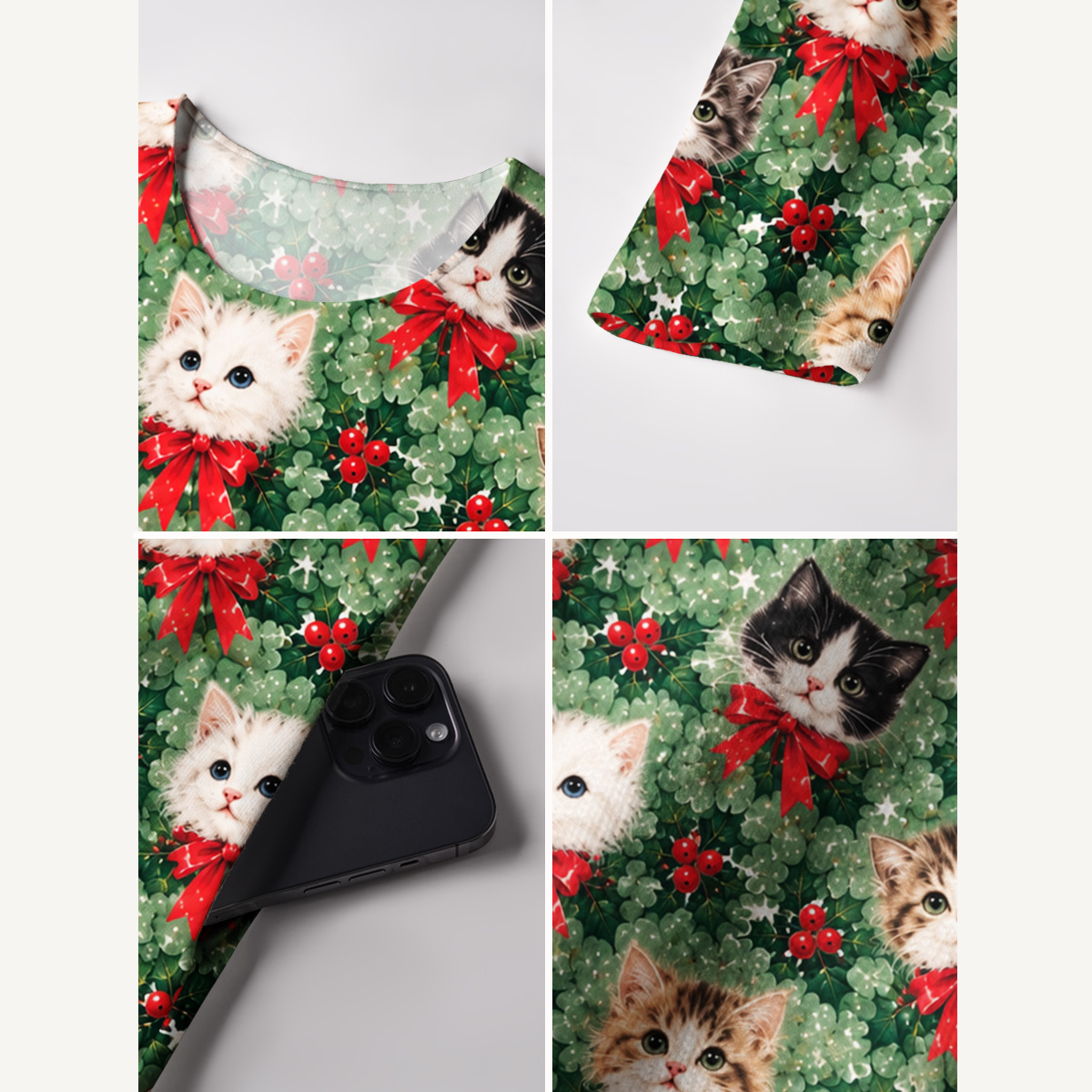 Holly Jolly Christmas Cats Print Soft-Touch Stretch Knit Long Sleeve Maxi Dress with Pockets