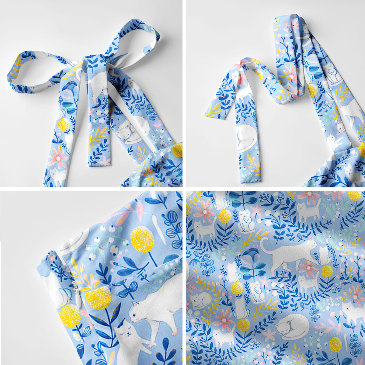 Blue Leaf Cat Print Bow Strap Maxi Dress With Pockets