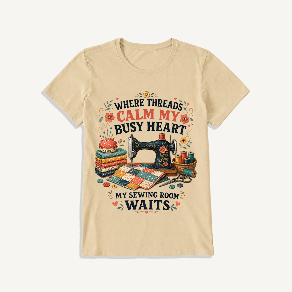 Calm Heart Sewing Room Print Crew Neck Cotton Tee