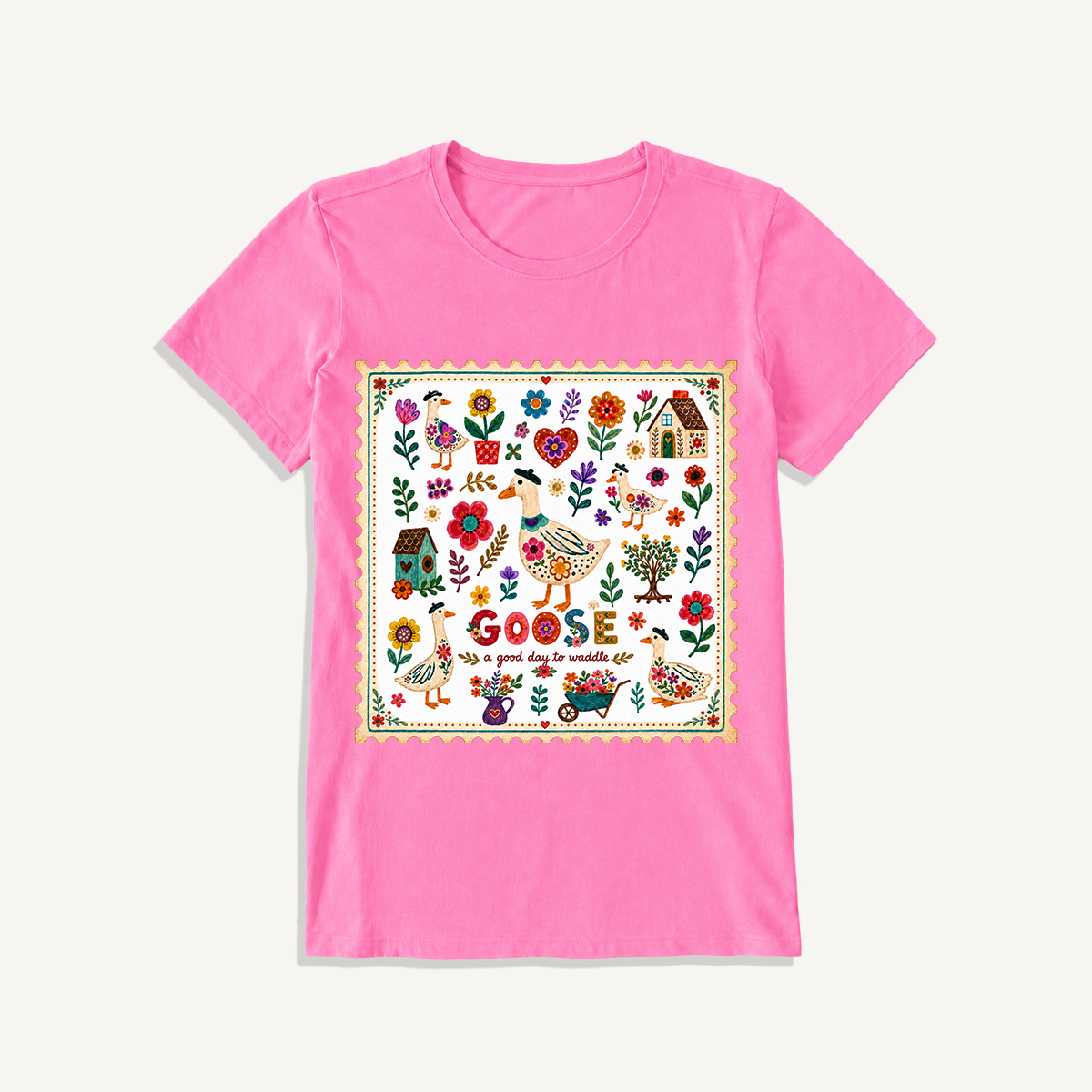 Floral Goose Garden Print Crew Neck Cotton Tee