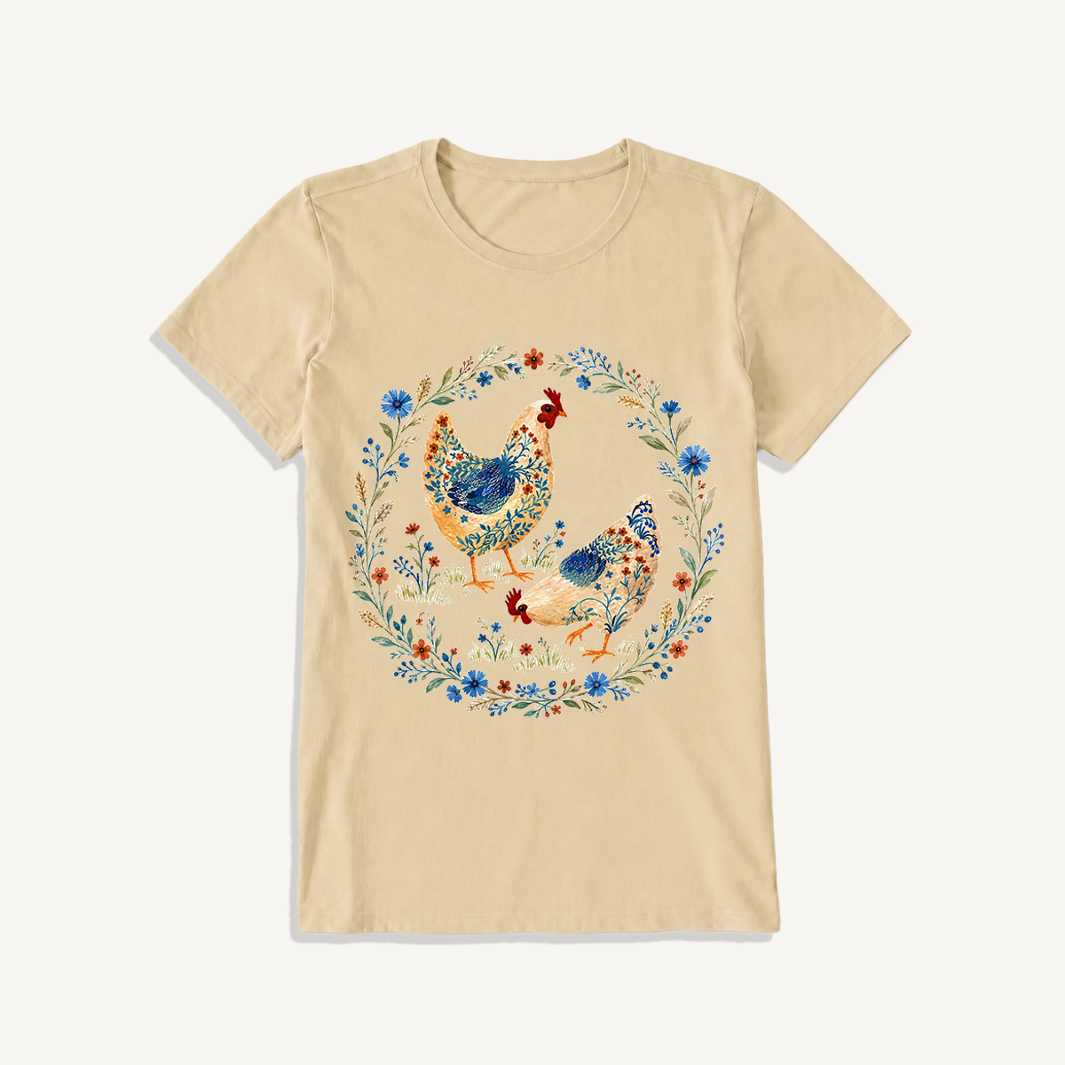 Blue Floral Hens Garden Print Crew Neck Cotton Tee