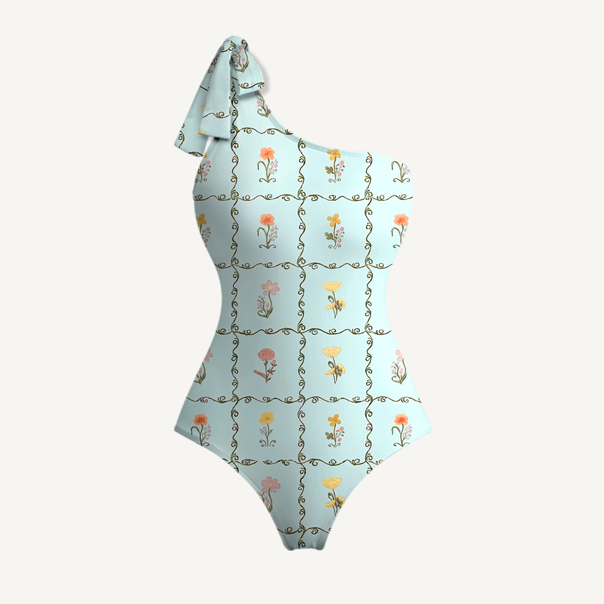 Sunny Garden Tiles One Shoulder One Piece Swimsuit and Matching Sarong Set for Women