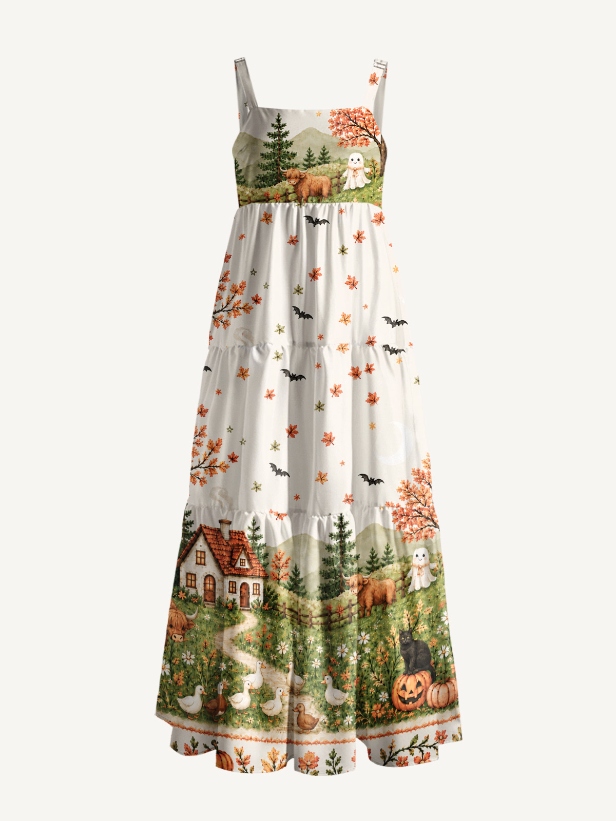 Autumn Pumpkin Pasture Print Wide Straps Maxi Dress With Pockets
