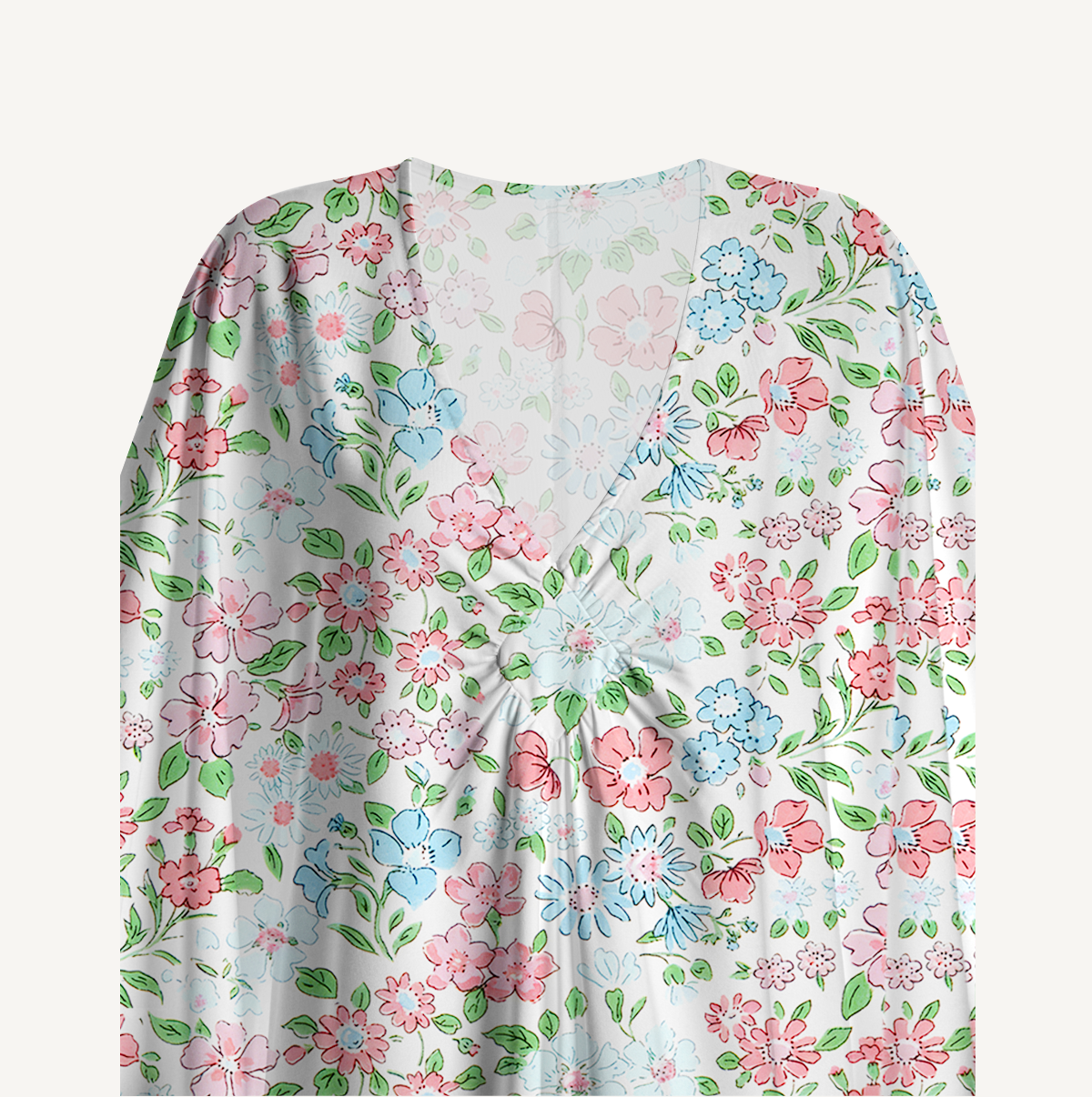  V‑Neck Pastel Cottage Floral Kimono Sleeve Kaftan Dress