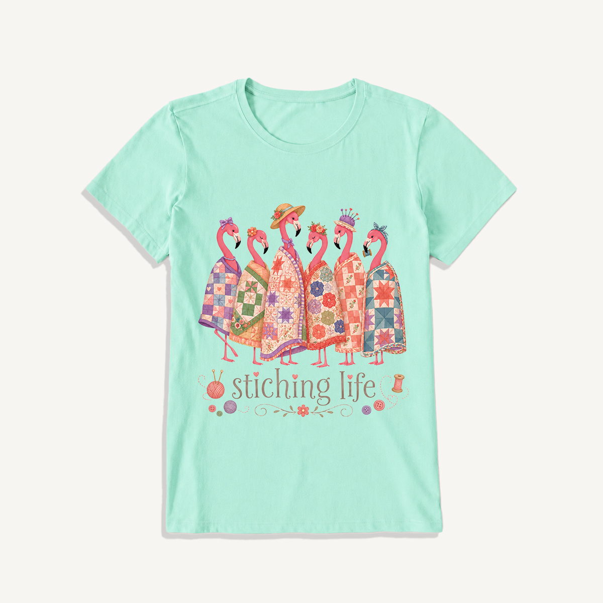 Quilted Flamingo Craft Club Print Crew Neck Cotton Tee