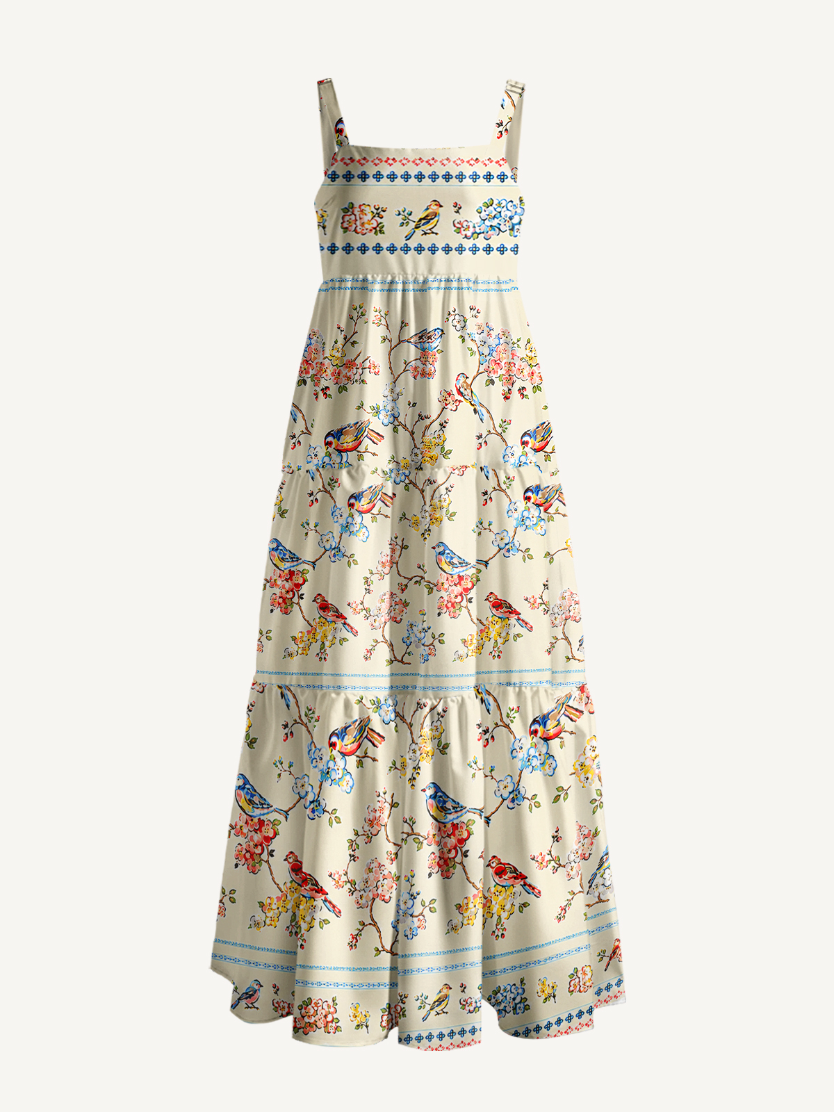 Vintage Floral Songbirds Print Wide Straps Maxi Dress With Pockets
