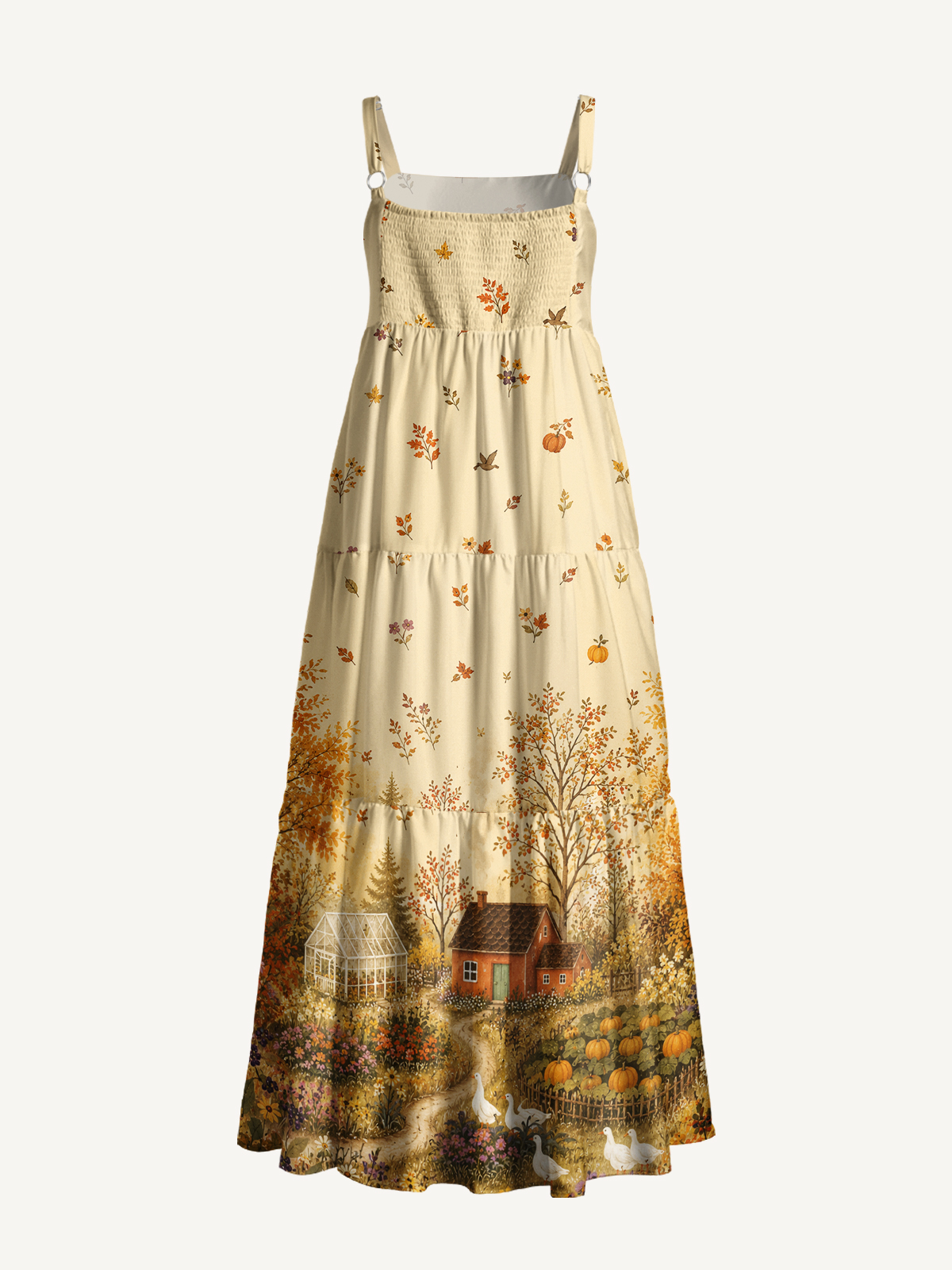 Autumn Garden Retreat Print Wide Straps Maxi Dress With Pockets