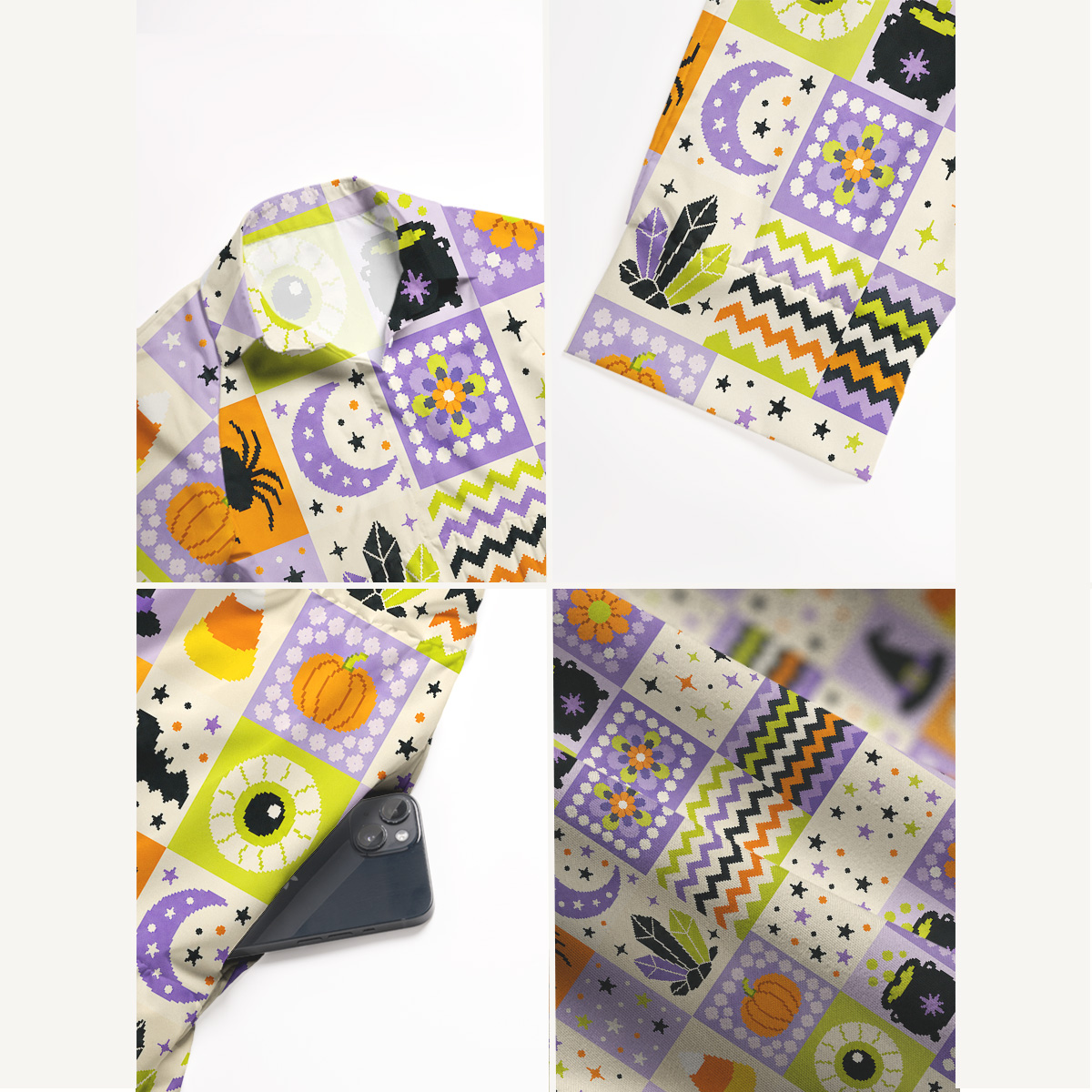V Neck Collared Pixel Halloween Patchwork Print Casual Midi Dress With Pockets