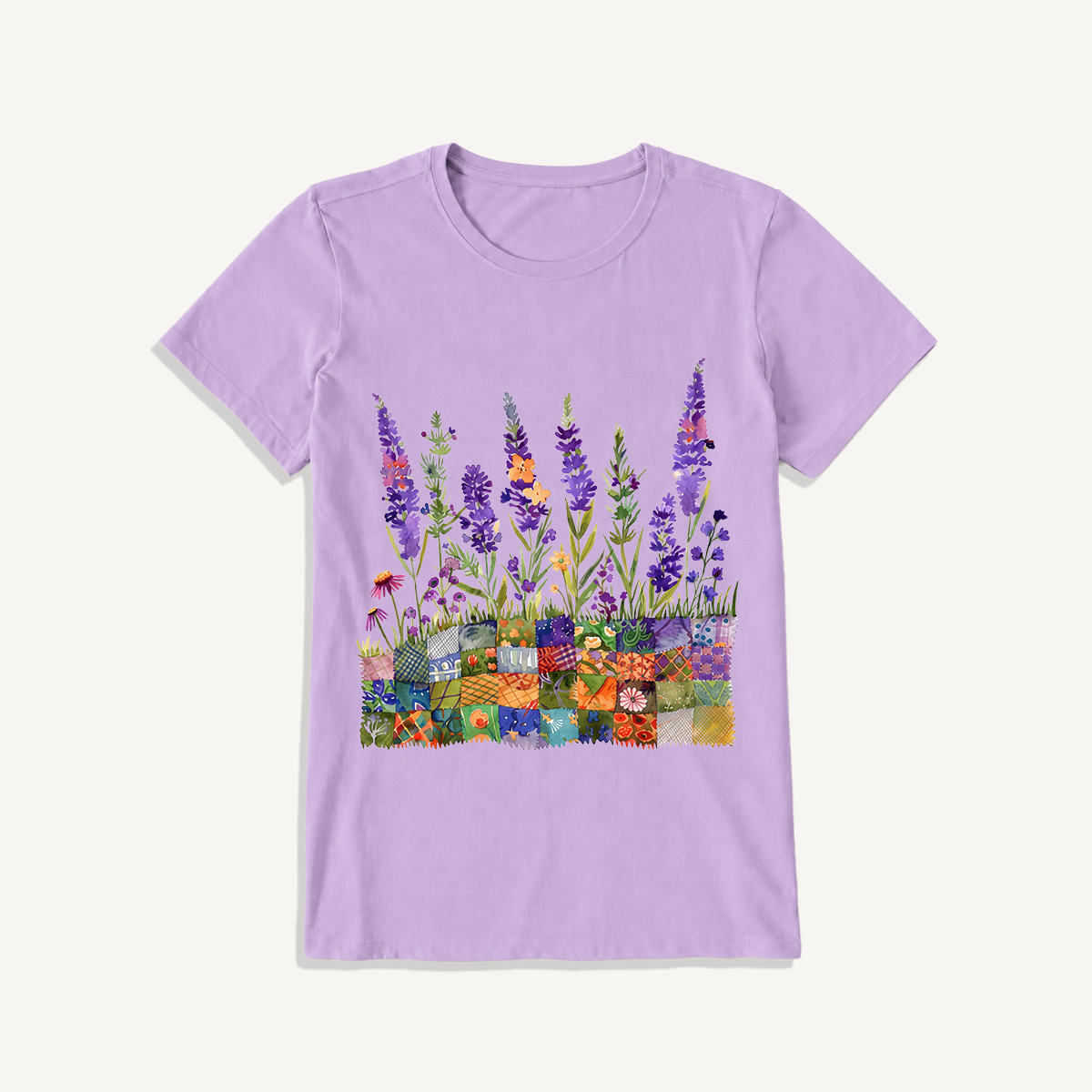 Lavender on Patchwork Meadow Print Crew Neck Cotton Tee