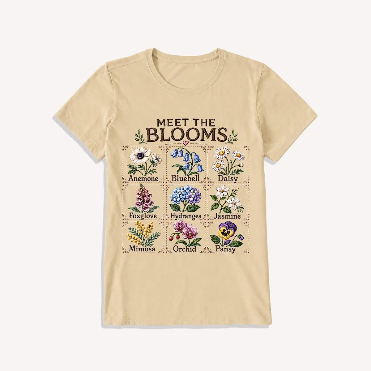 Meet the Blooms Embroidery Chart Print Crew Neck Cotton Tee