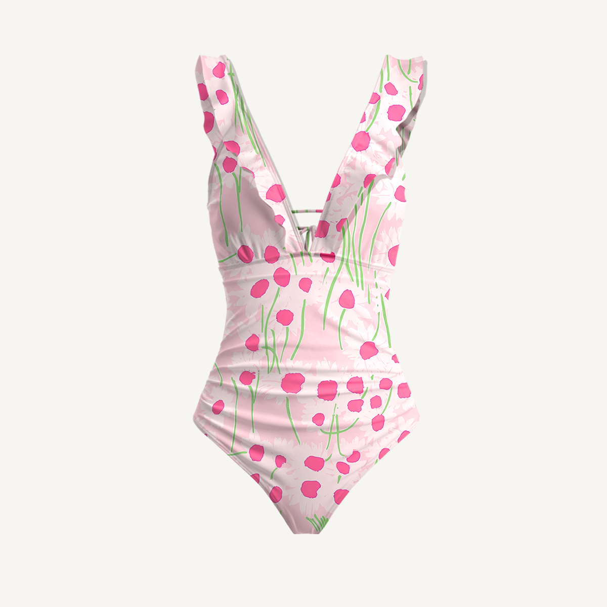 Pink Daisy Ruffled V Neck One Piece Swimsuit and Matching Midi Skirt Set