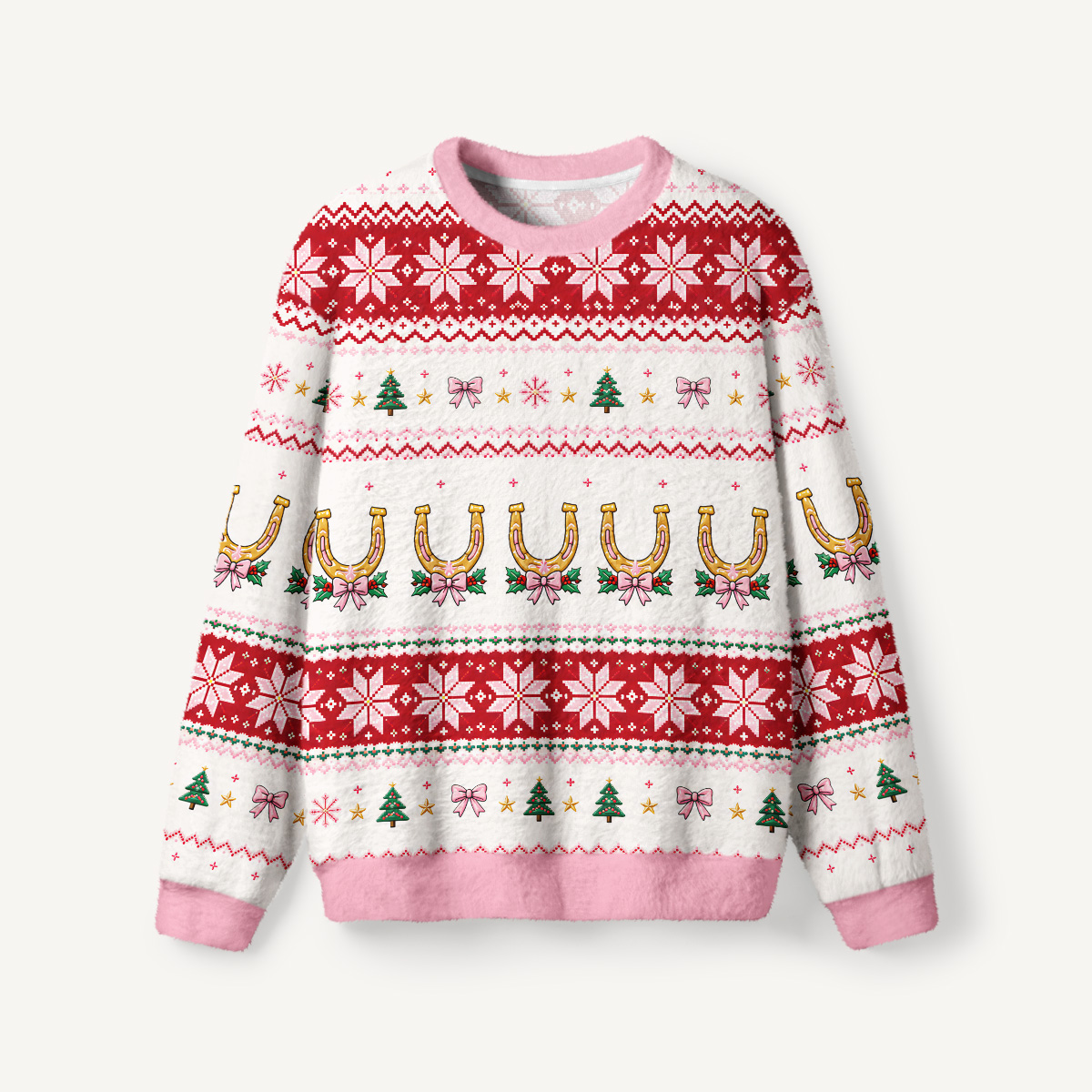 Lucky Horseshoe Christmas Fair Isle Fuzzy Crewneck Sweater