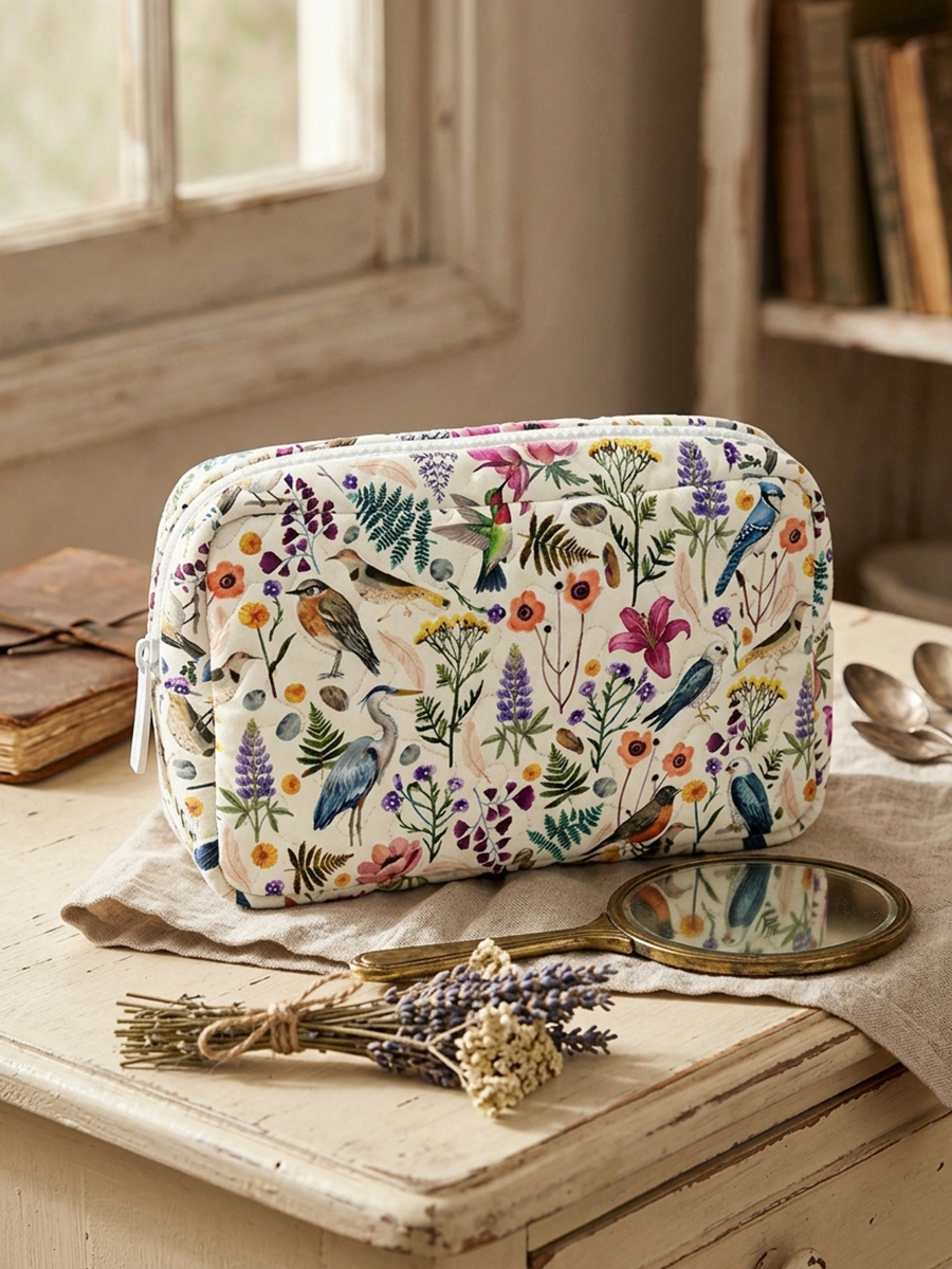 Whimsical Woodland Birds Wildflowers Print Cloud Quilted Cosmetic Pouch