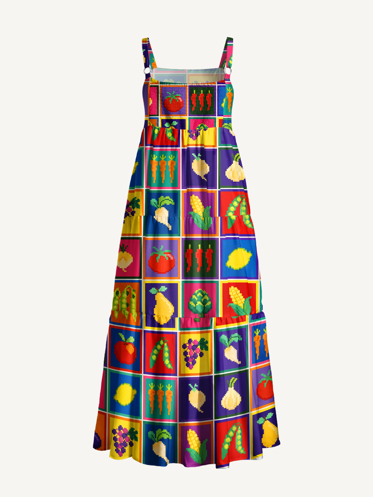 Pixel Garden Harvest Print Wide Straps Maxi Dress With Pockets