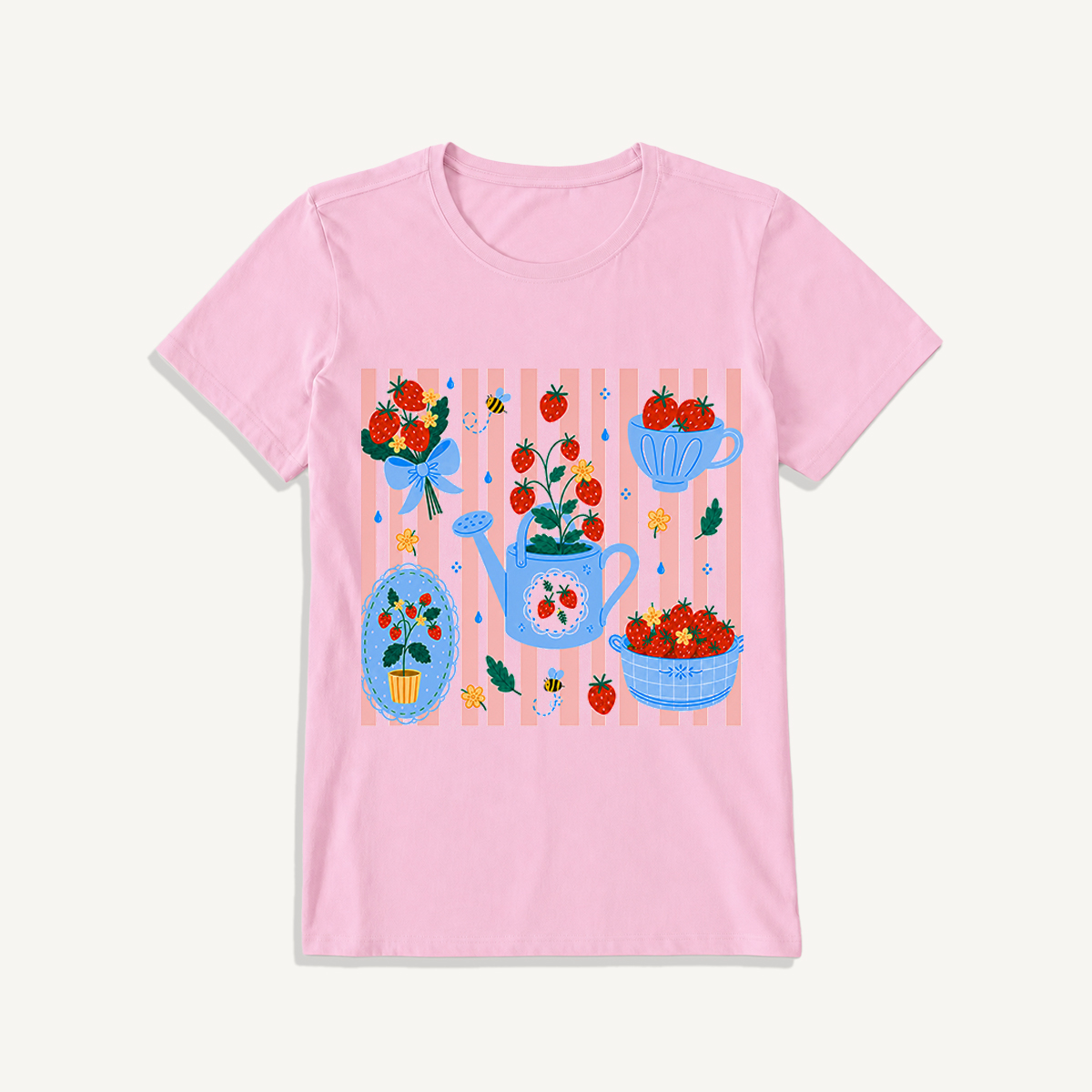 Strawberry Garden Harvest Print Crew Neck Cotton Tee