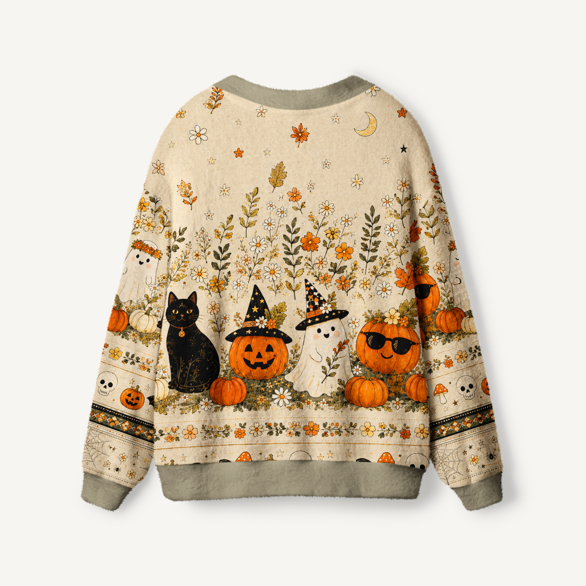 Harvest Ghost Garden Print Ugly Cardigan Sweaters
