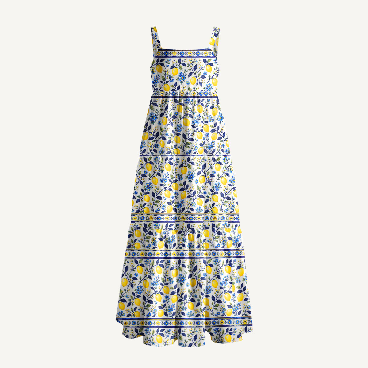Lemon Floral Print Wide Straps Maxi Dress With Pockets