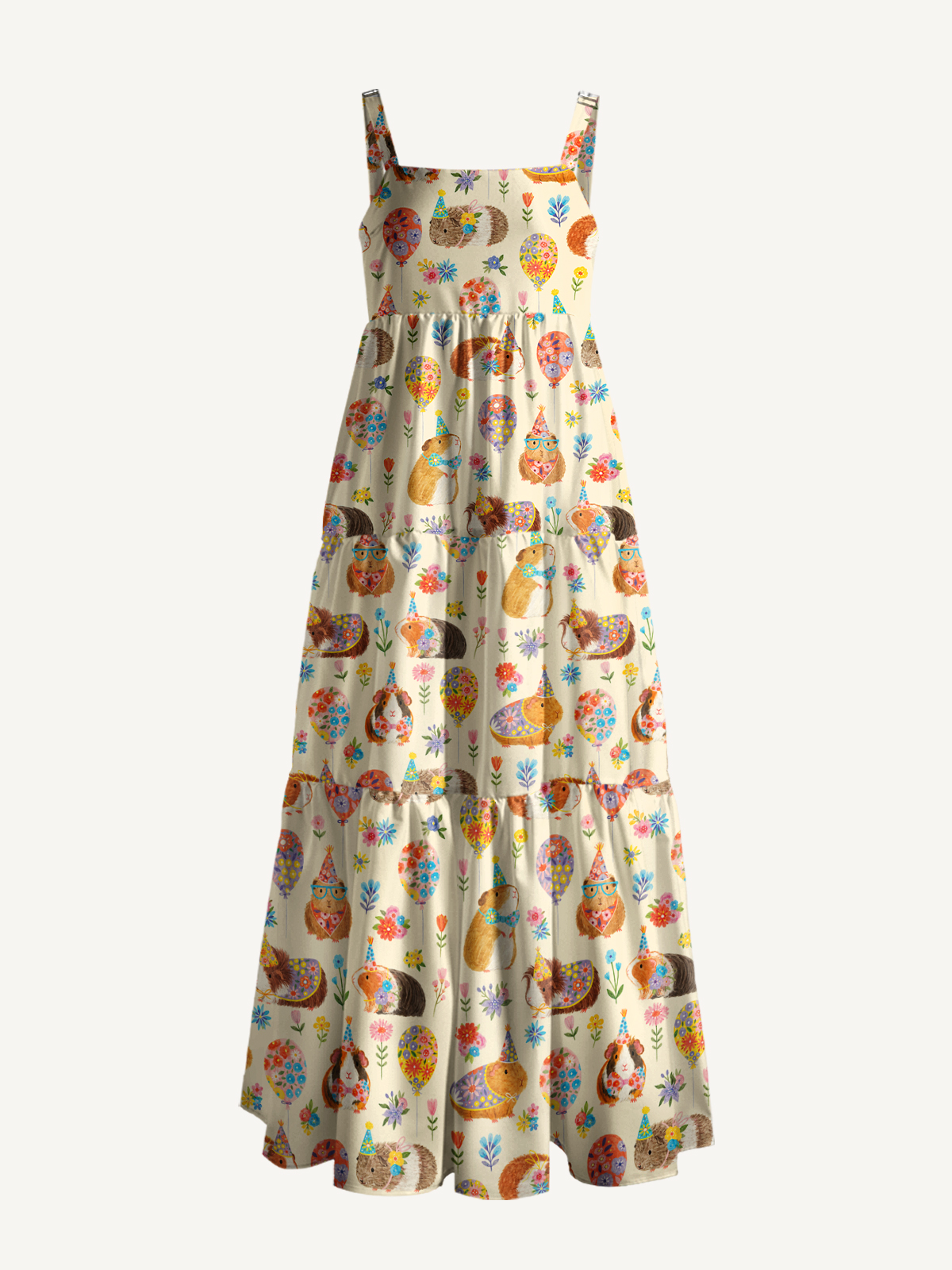 Guinea Pig Garden Party Print Wide Straps Maxi Dress With Pockets