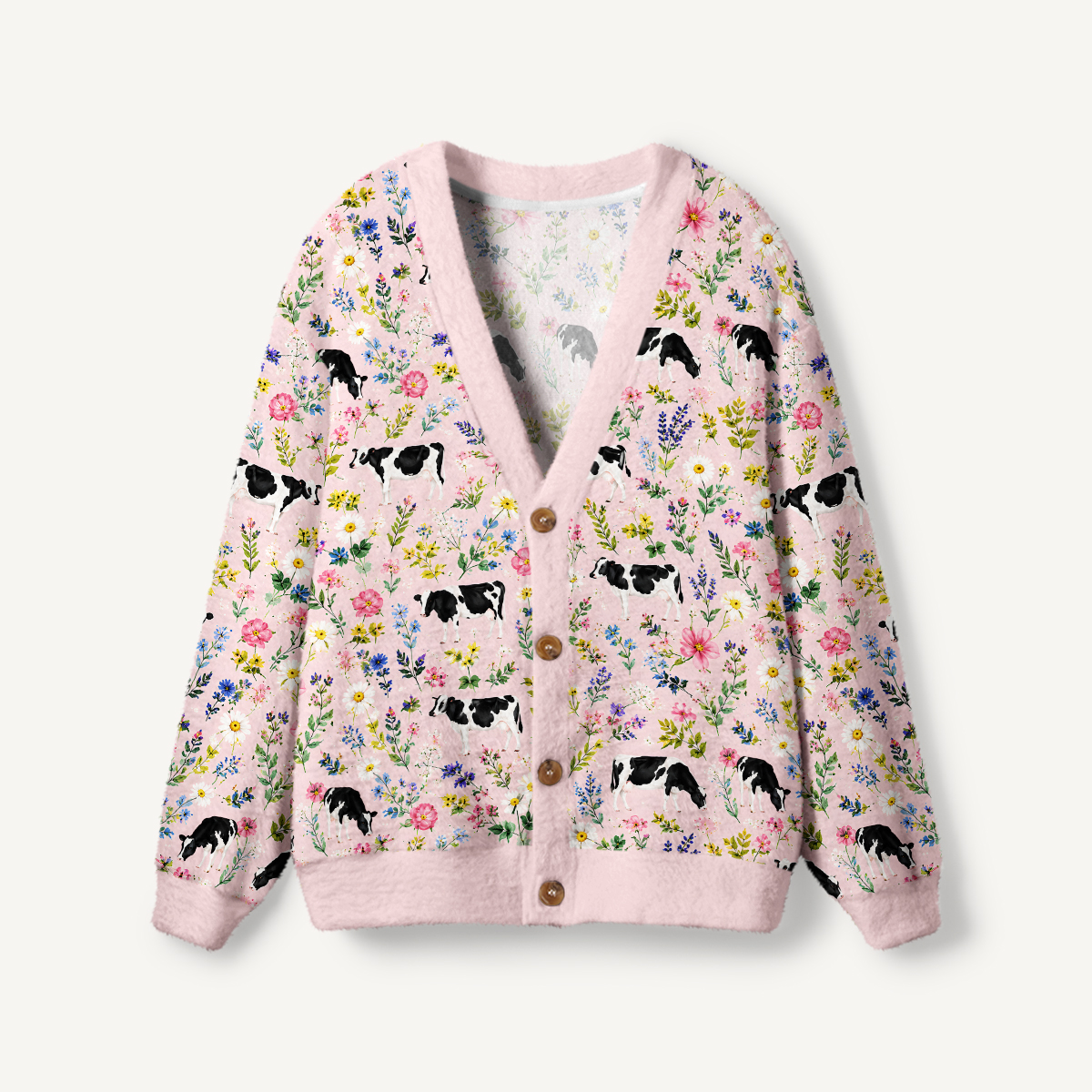 Holstein Cattle Cow Farm Animal Floral Pink Print Ugly Cardigan Sweaters