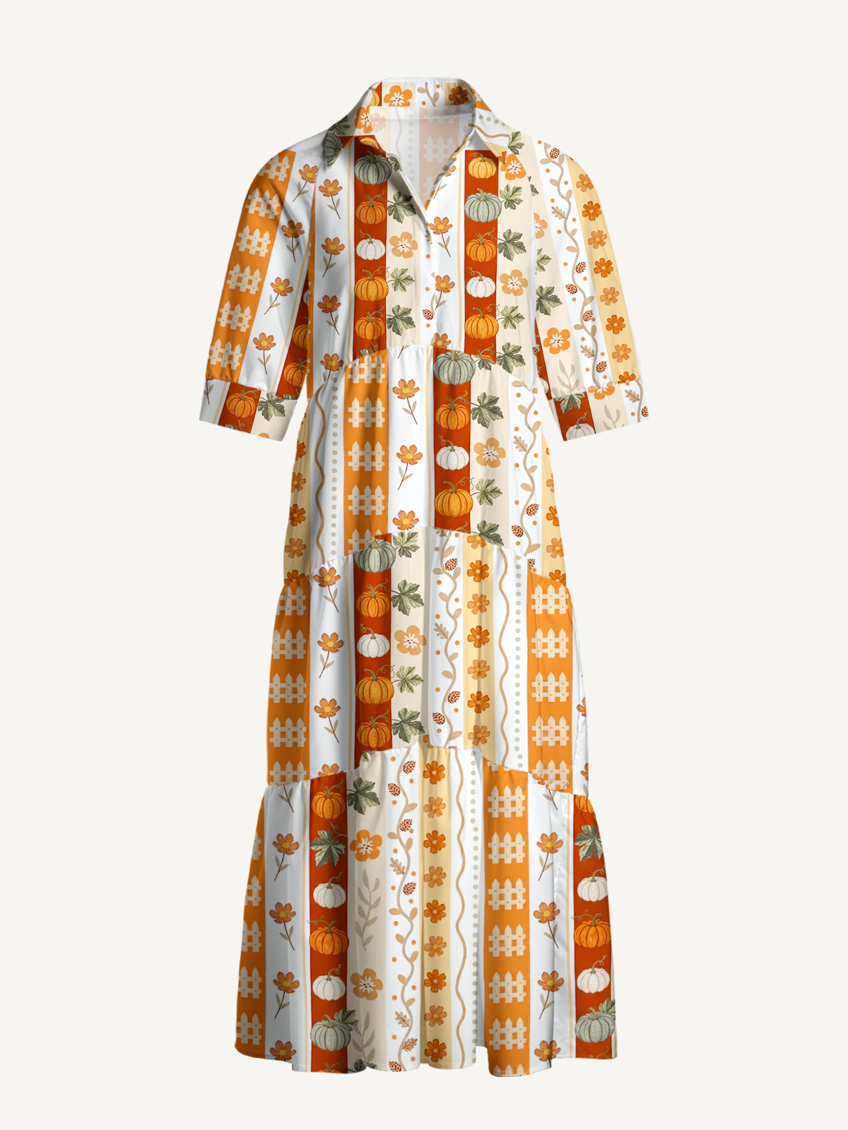 V Neck Collared Autumn Pumpkin Patch Stripe Print Casual Midi Dress With Pockets