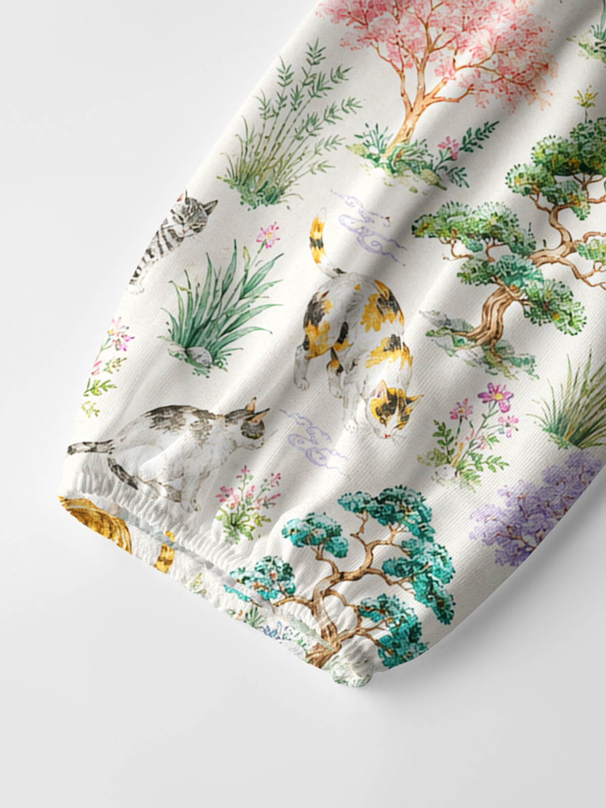 Cats in a Tranquil Garden Pond Scene Print Boho Long Sleeve Tie‑Neck Blouse