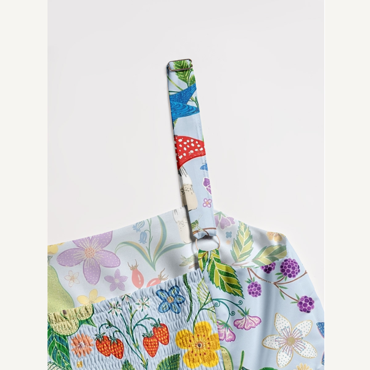 Birds Pear Mushroom Print Quilt Wide Straps Maxi Dress With Pockets