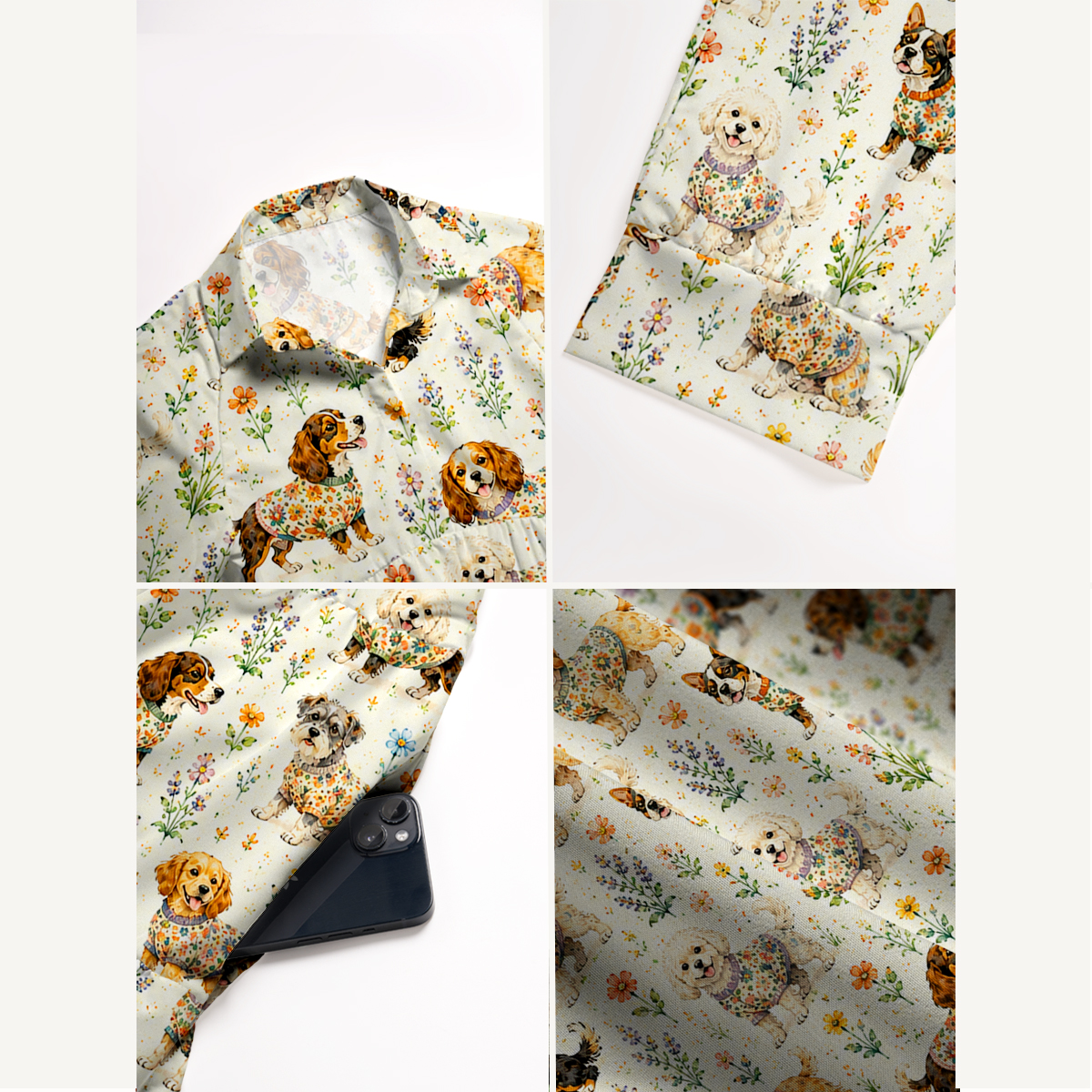 V Neck Collared Cute Dog Garden Print Casual Midi Dress With Pockets