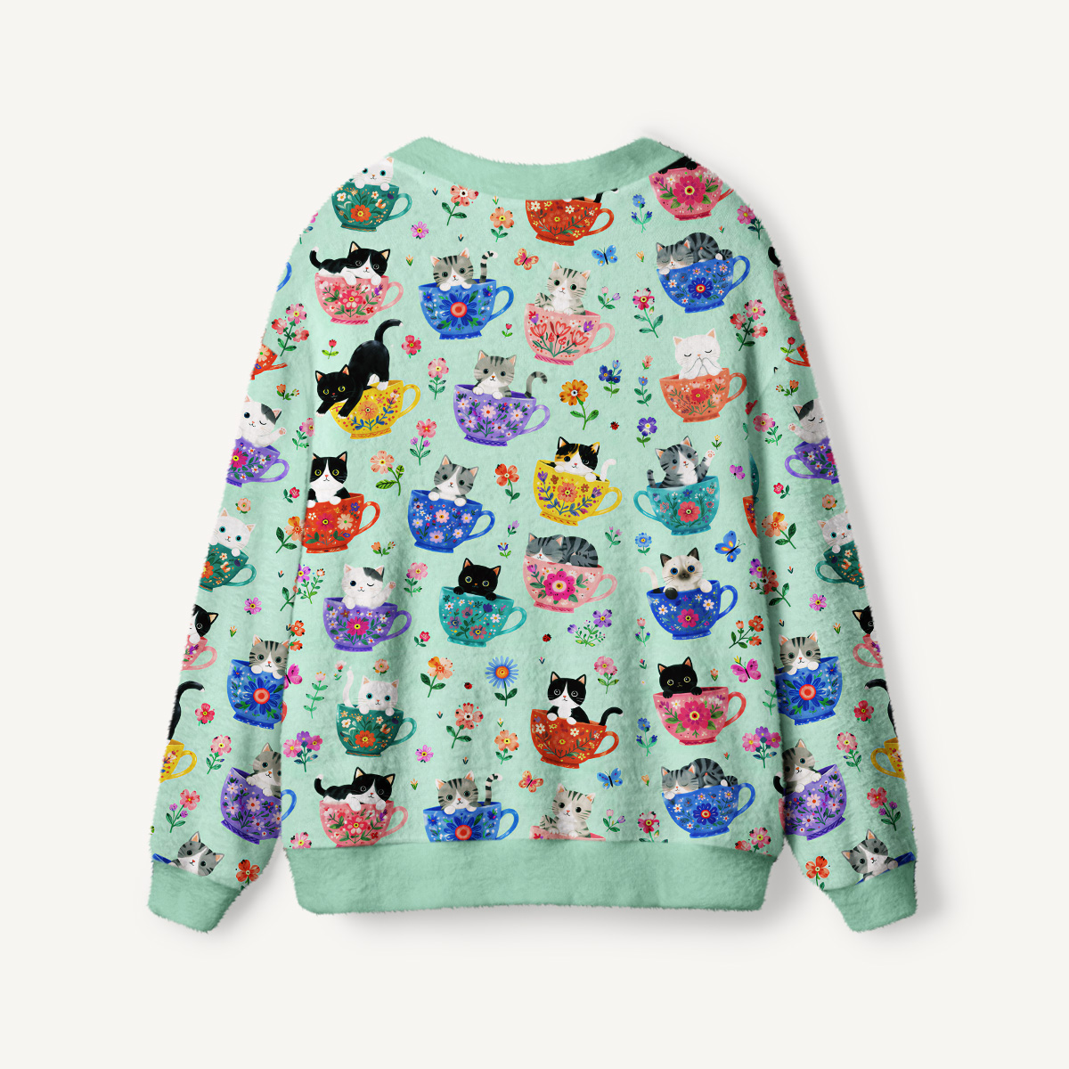 Cute Teacup Kitten Print Ugly Cardigan Sweaters