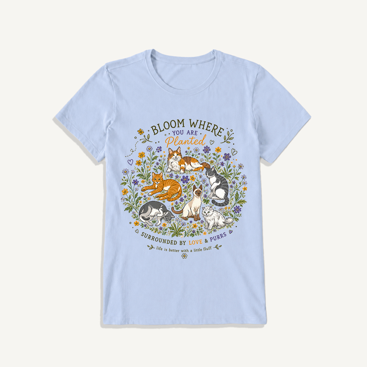 Blooming Cats & Wildflowers Print Crew Neck Cotton Tee