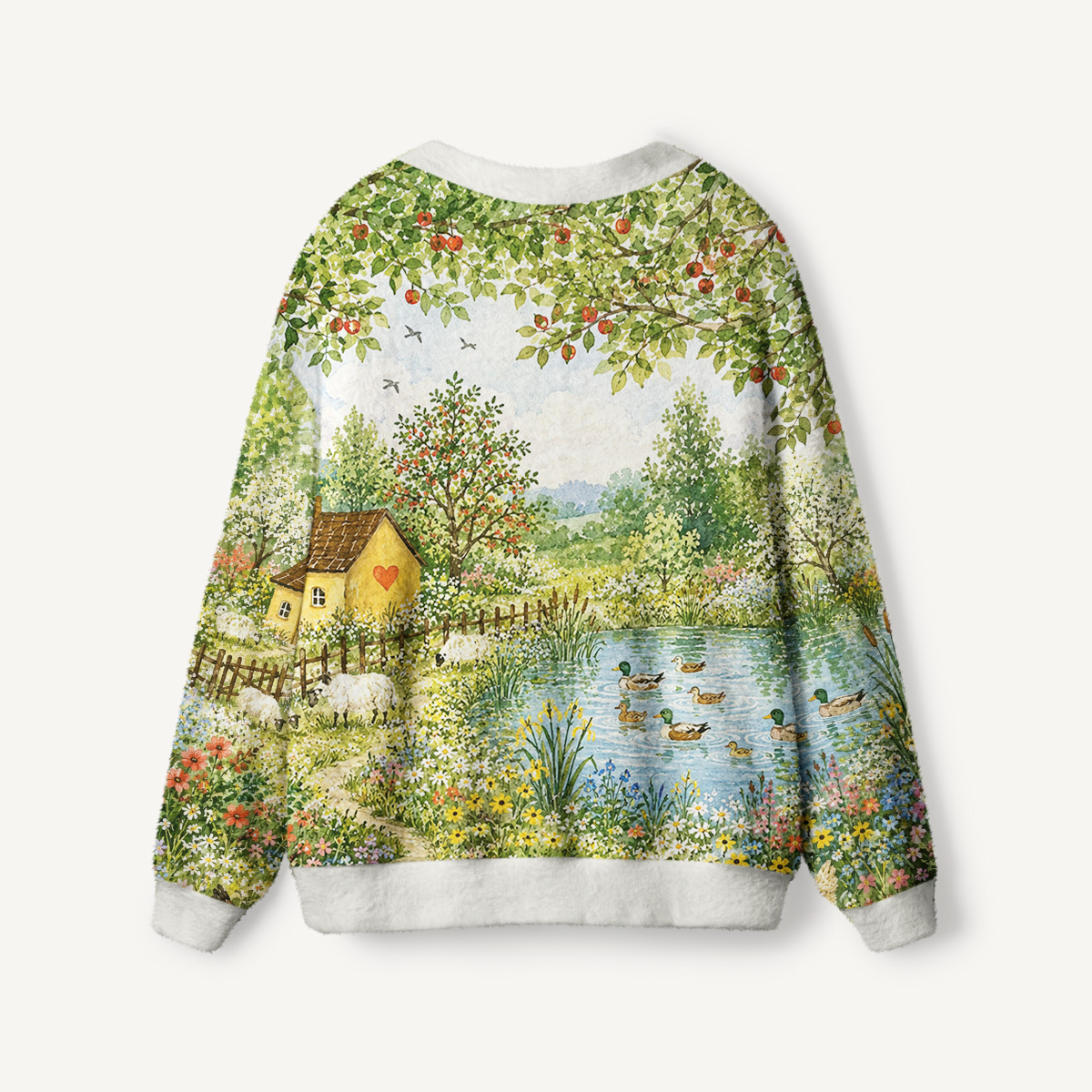 Sunny Pond Cottage Meadow Print Ugly Cardigan Sweaters