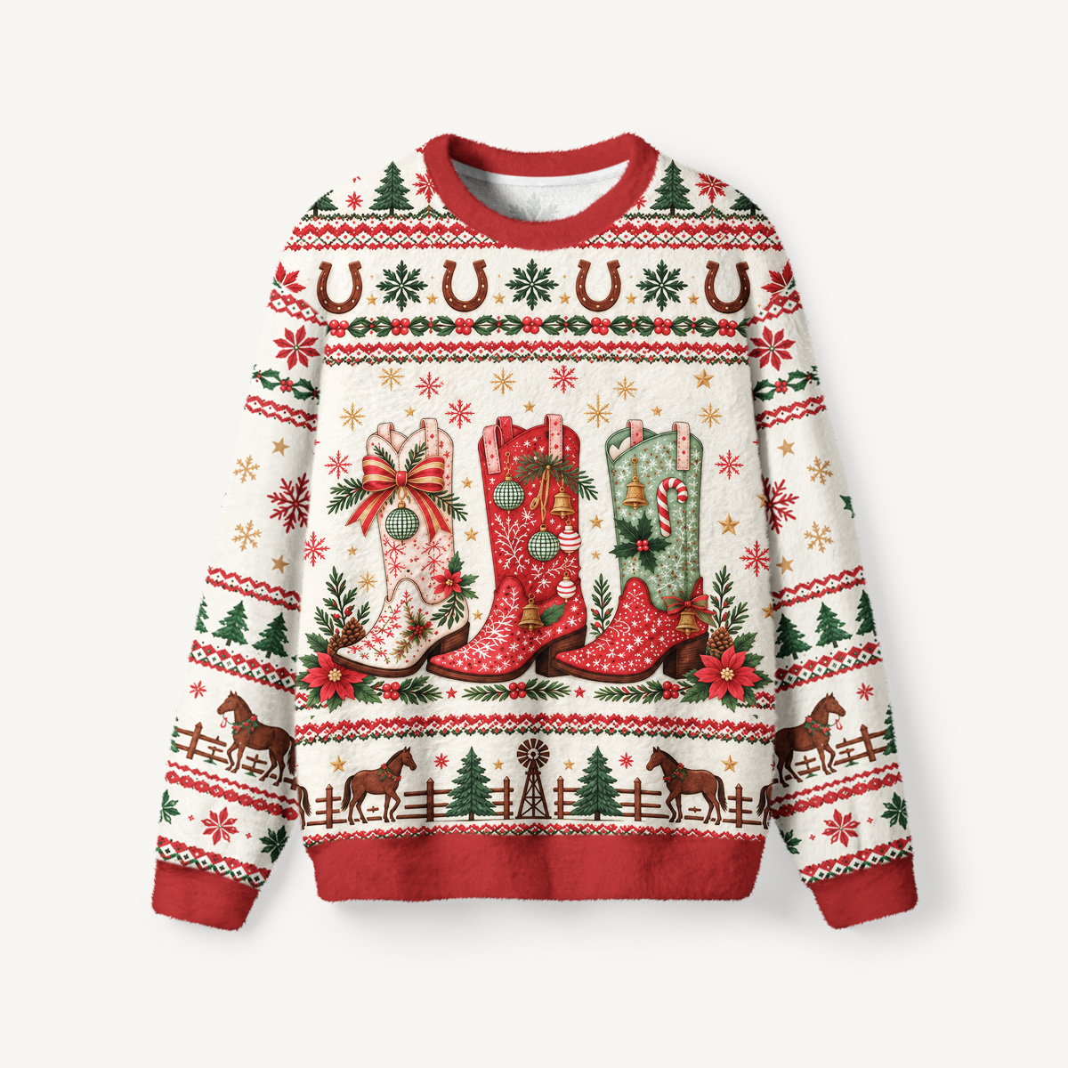 Western Christmas Cowboy Boots Fuzzy Crewneck Sweater