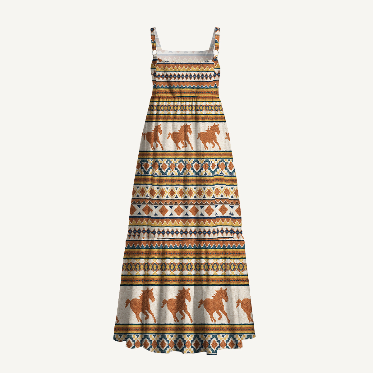 Running Horses Geometric Pattern Straps Maxi Dress With Pockets