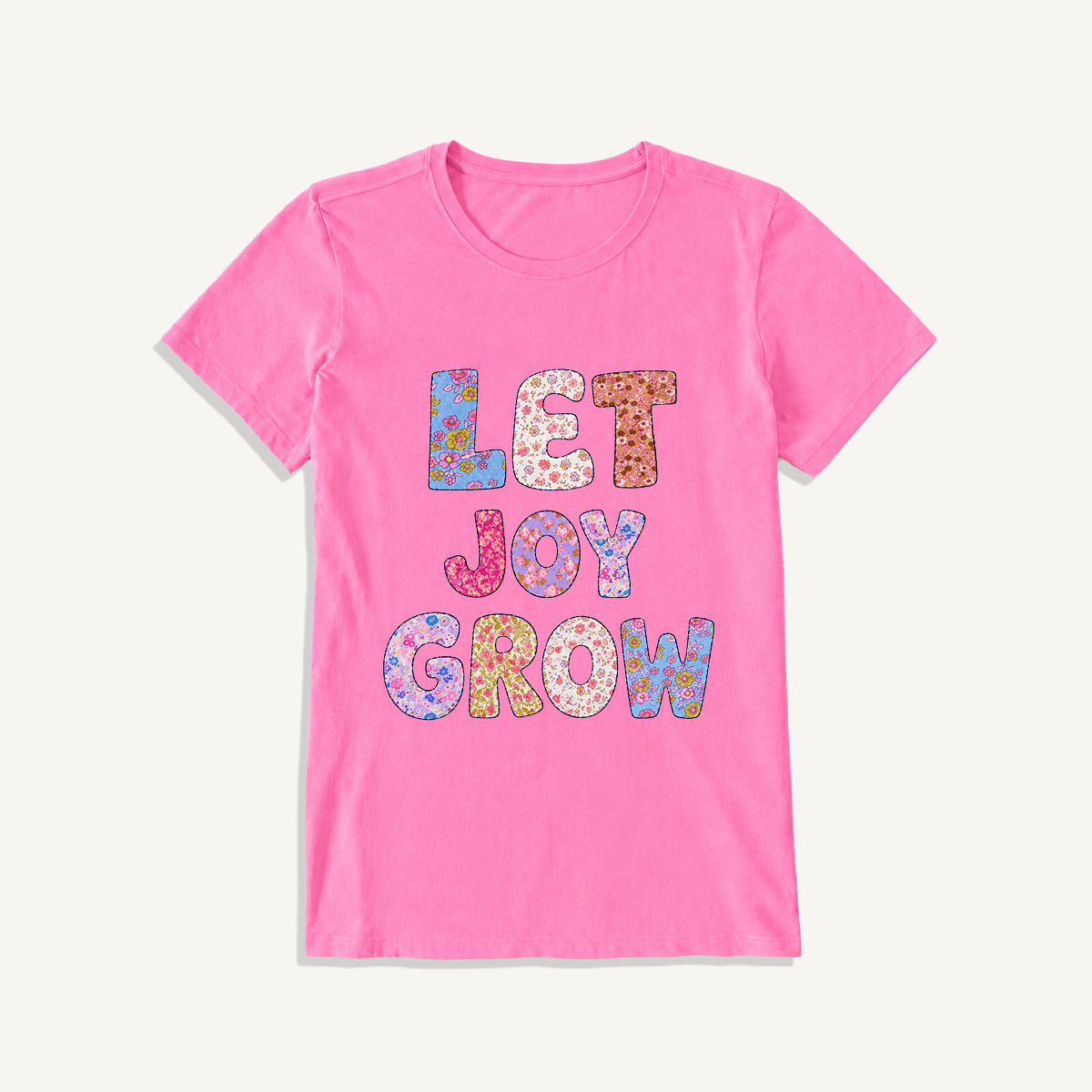 Let Joy Grow Floral Letters Print Crew Neck Cotton Tee