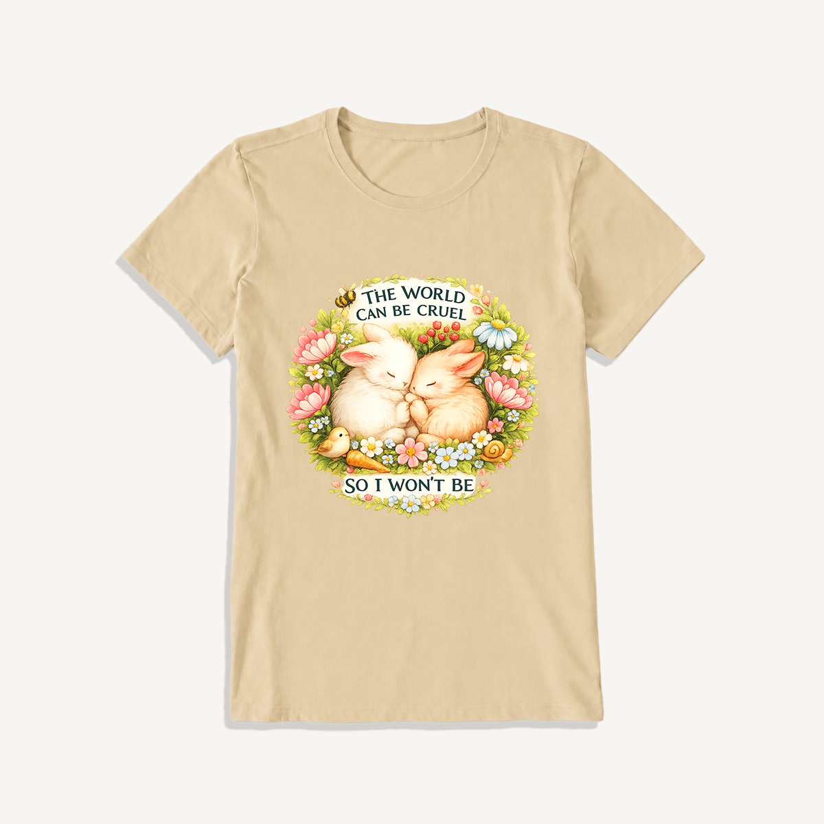 Gentle Bunny Embraces Print Crew Neck Cotton Tee