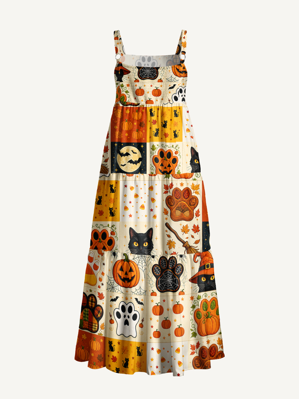 Autumn Witch Cat patchwork Print Wide Straps Maxi Dress With Pockets