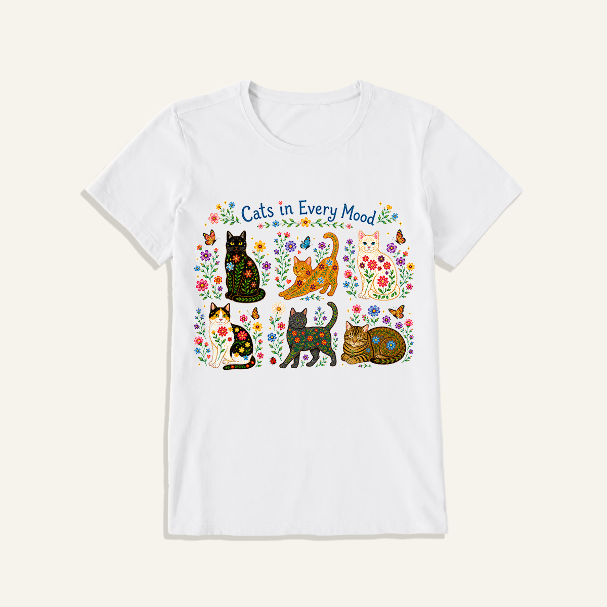 Cats in Every Mood Print Crew Neck Cotton Tee