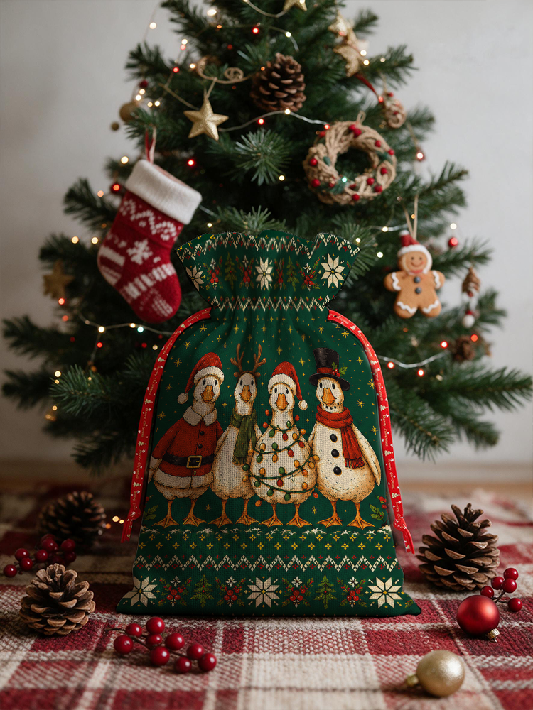 Cozy Country Christmas Ducks Reusable Christmas Drawstring Gift Bag