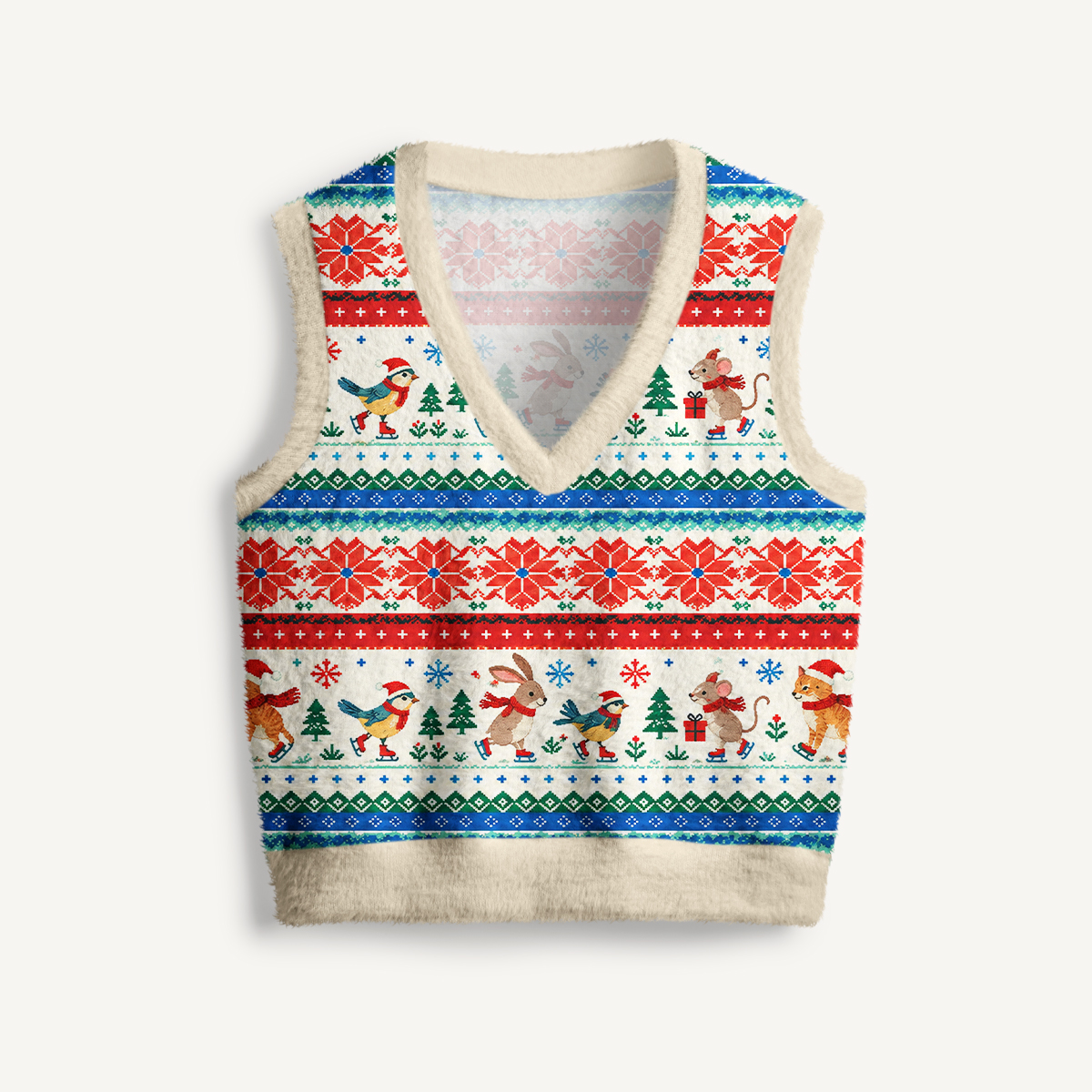Nordic Holiday Animal Stripe Print V-Neck Sweater Vest