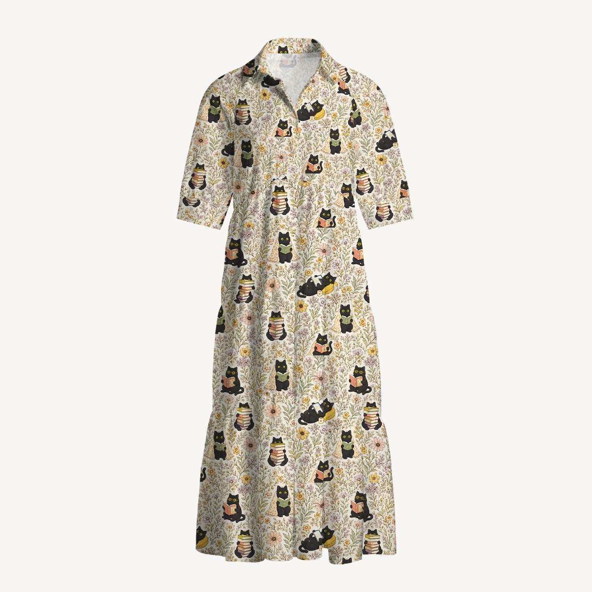 Books Blooms and Black Cats Print Casual Midi Dress With Pockets